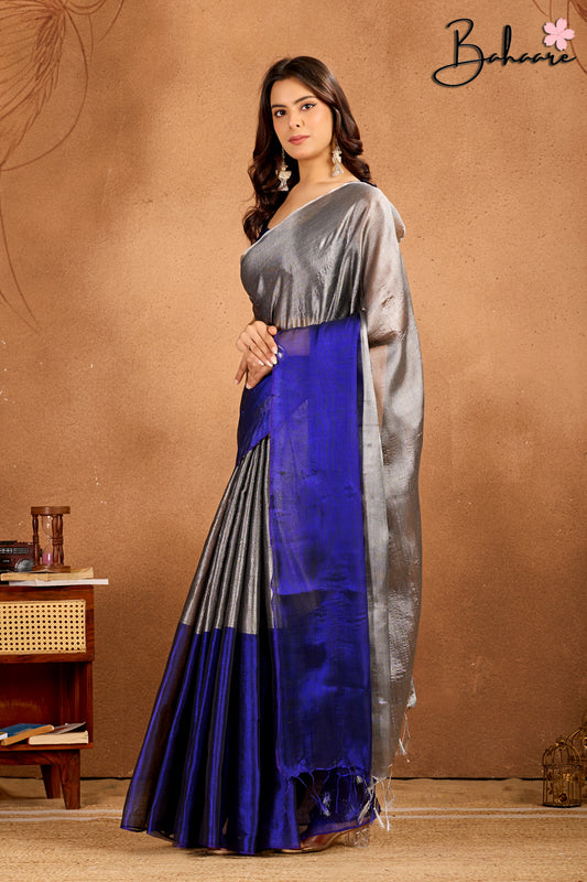 Jashn | Dark Blue and Silver Tissue Saree