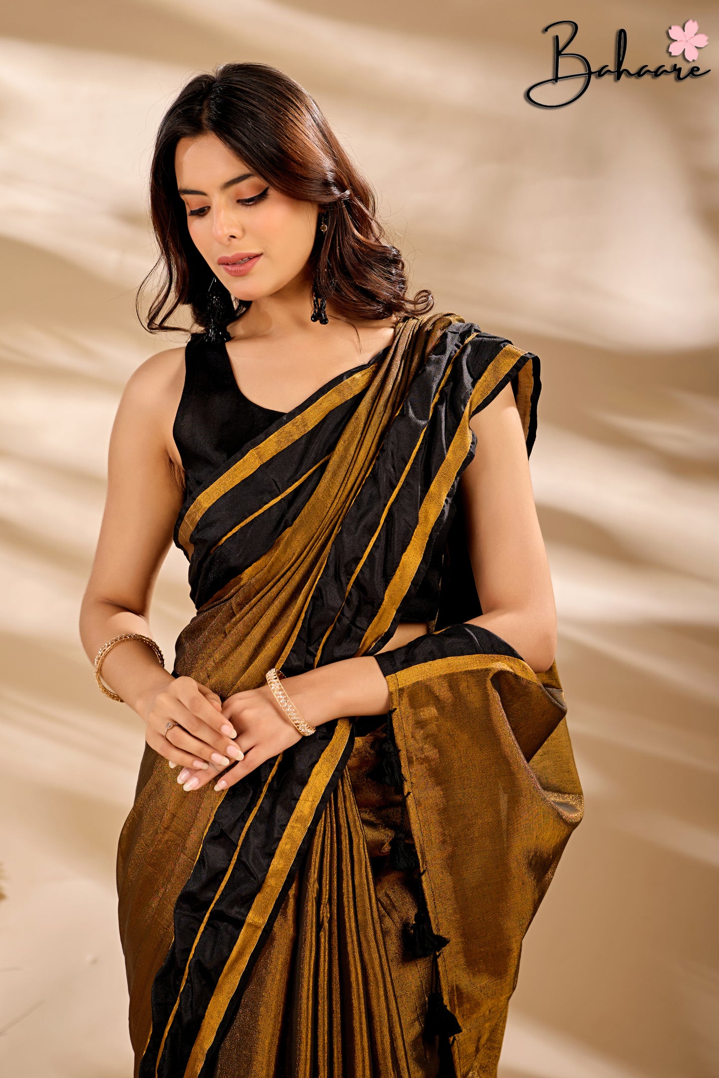 Megha | Golden Black Tissue Saree