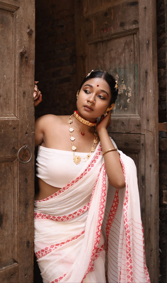 Cotton Galleria | Off White and Red Handwoven Premium Cotton Saree