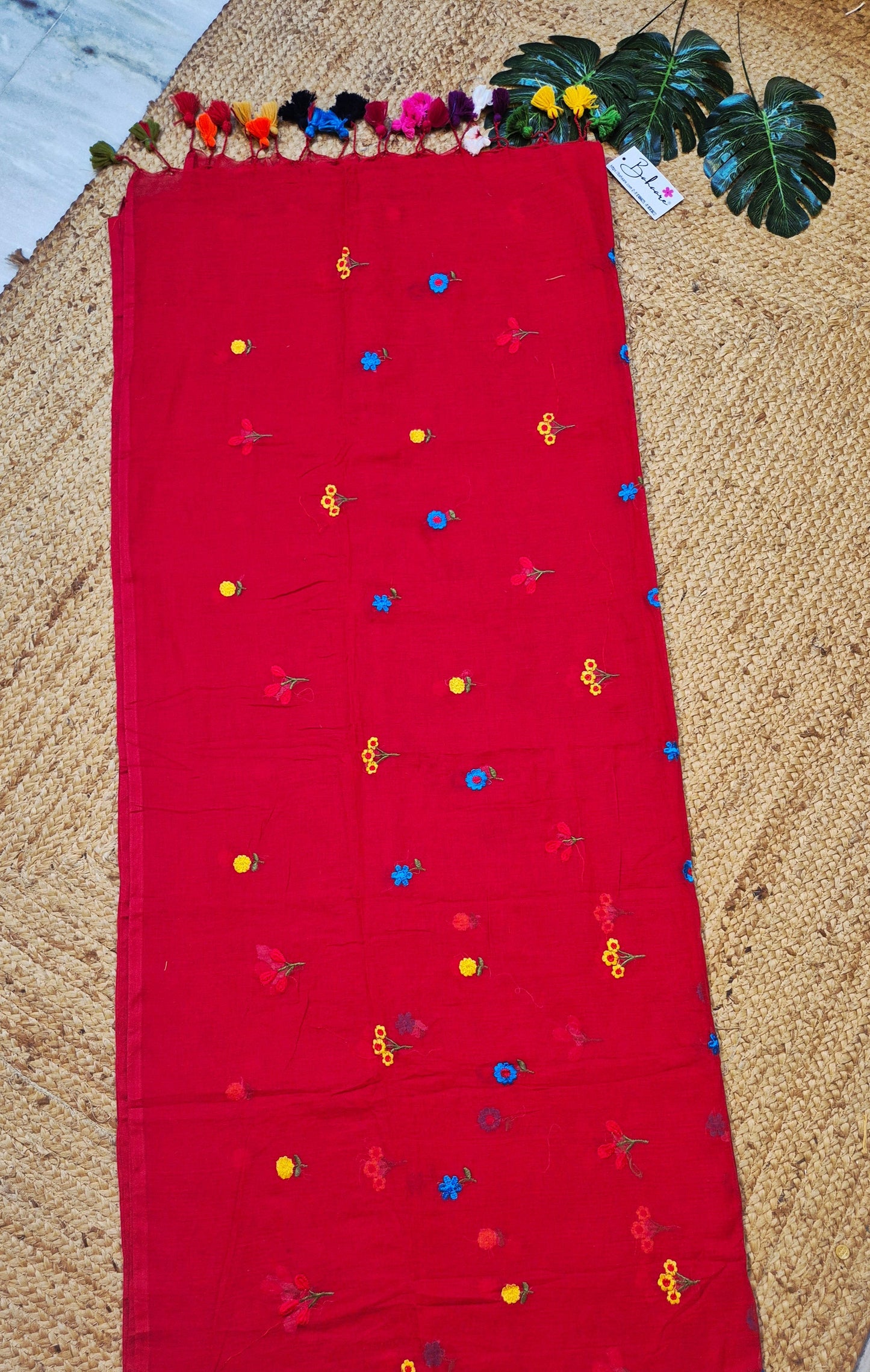 Mohini | Carmine Red Celebrity Mul Mul Cotton Saree with Flower Motif