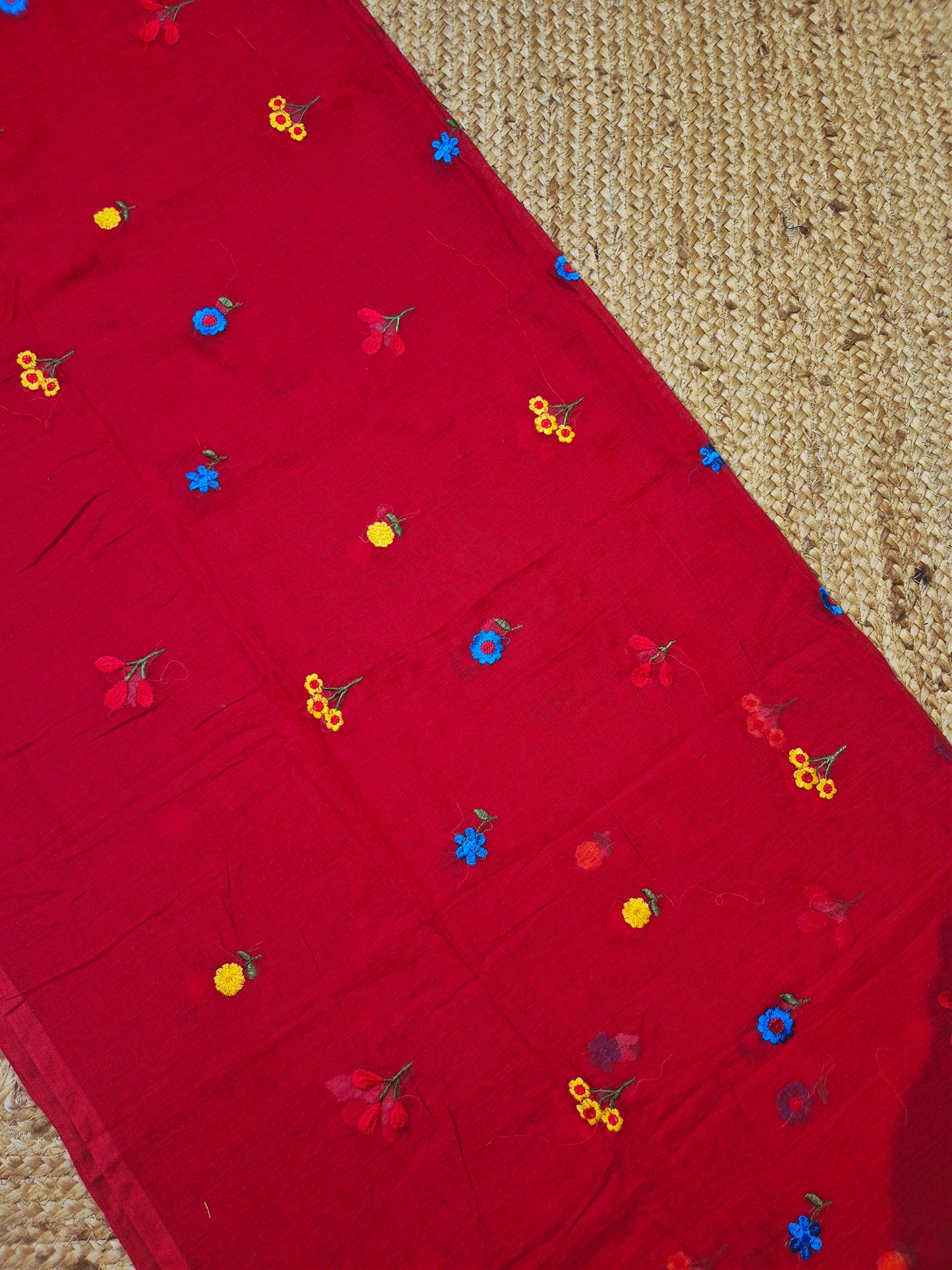 Mohini | Carmine Red Celebrity Mul Mul Cotton Saree with Flower Motif
