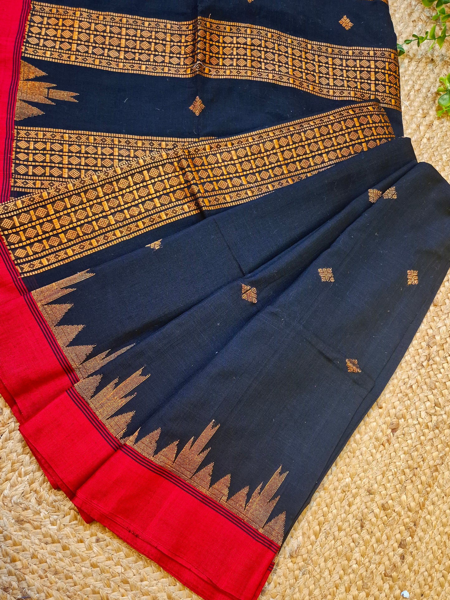 Cotton Galleria | Dark Black Mercerised Cotton Benarasi Saree with Red Border