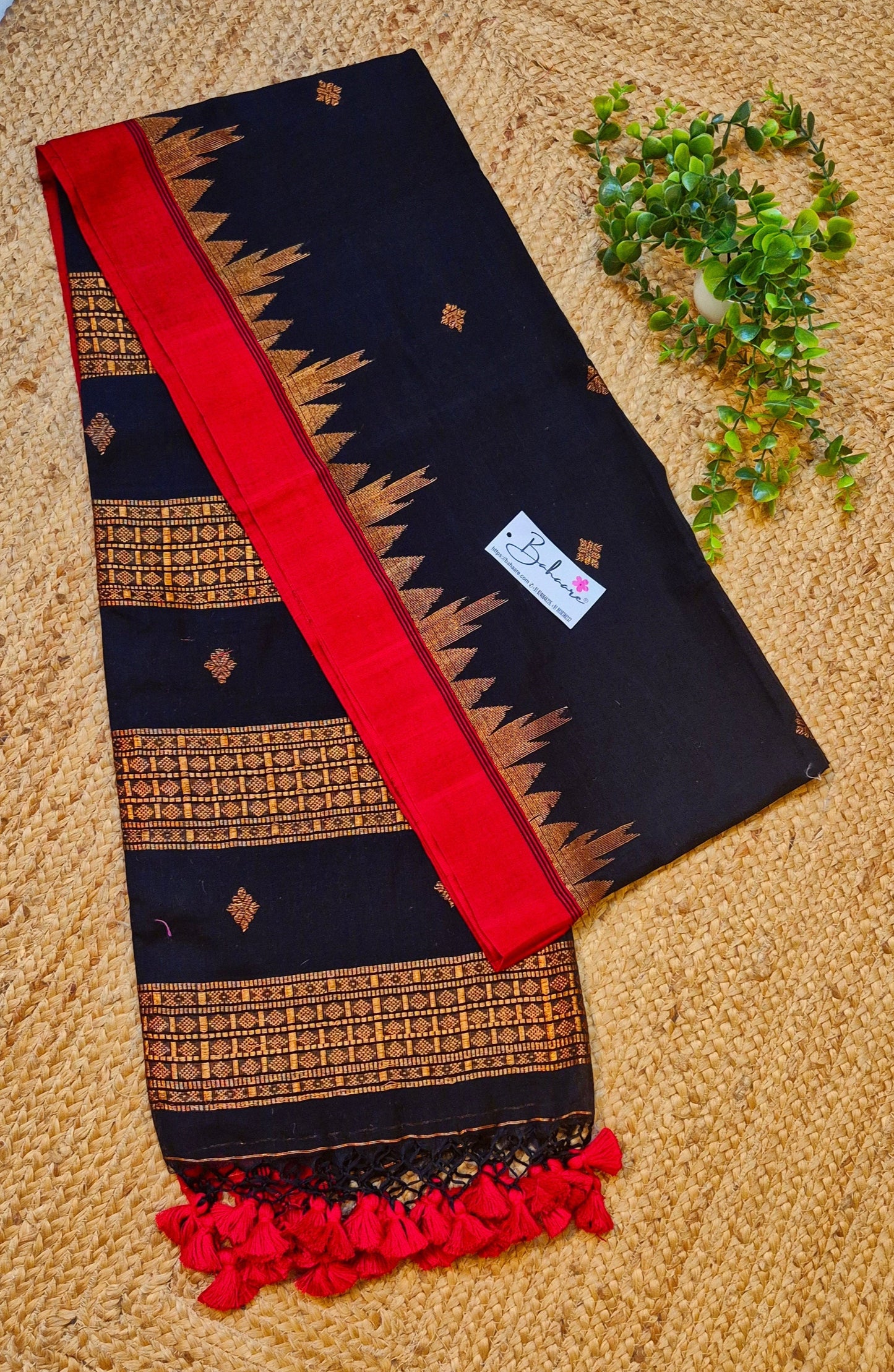Cotton Galleria | Dark Black Mercerised Cotton Benarasi Saree with Red Border