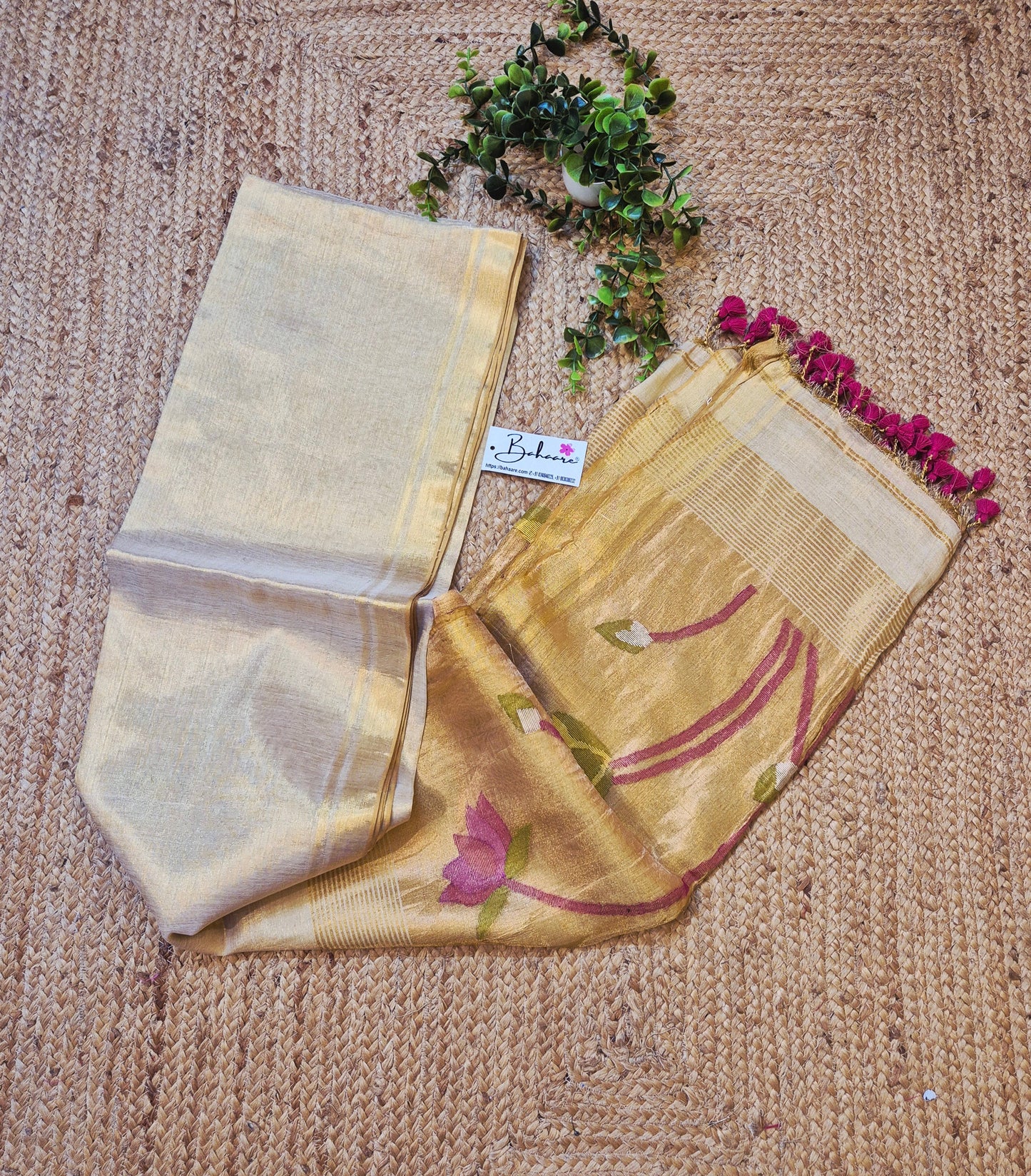 Springtime Serenity | White Gold Tissue Linen Saree