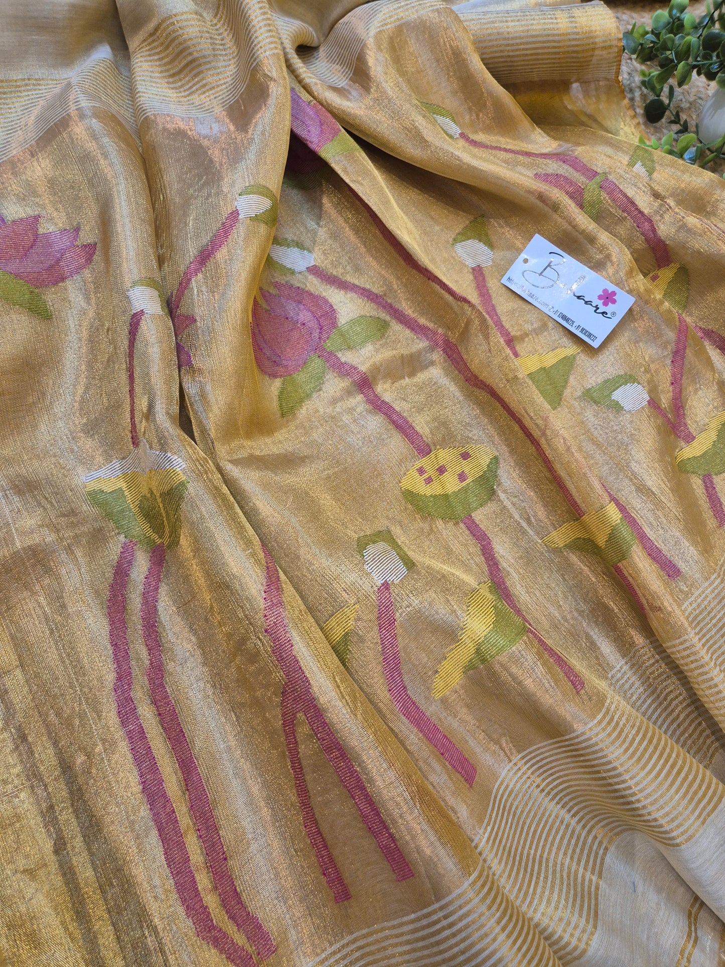 Springtime Serenity | White Gold Tissue Linen Saree
