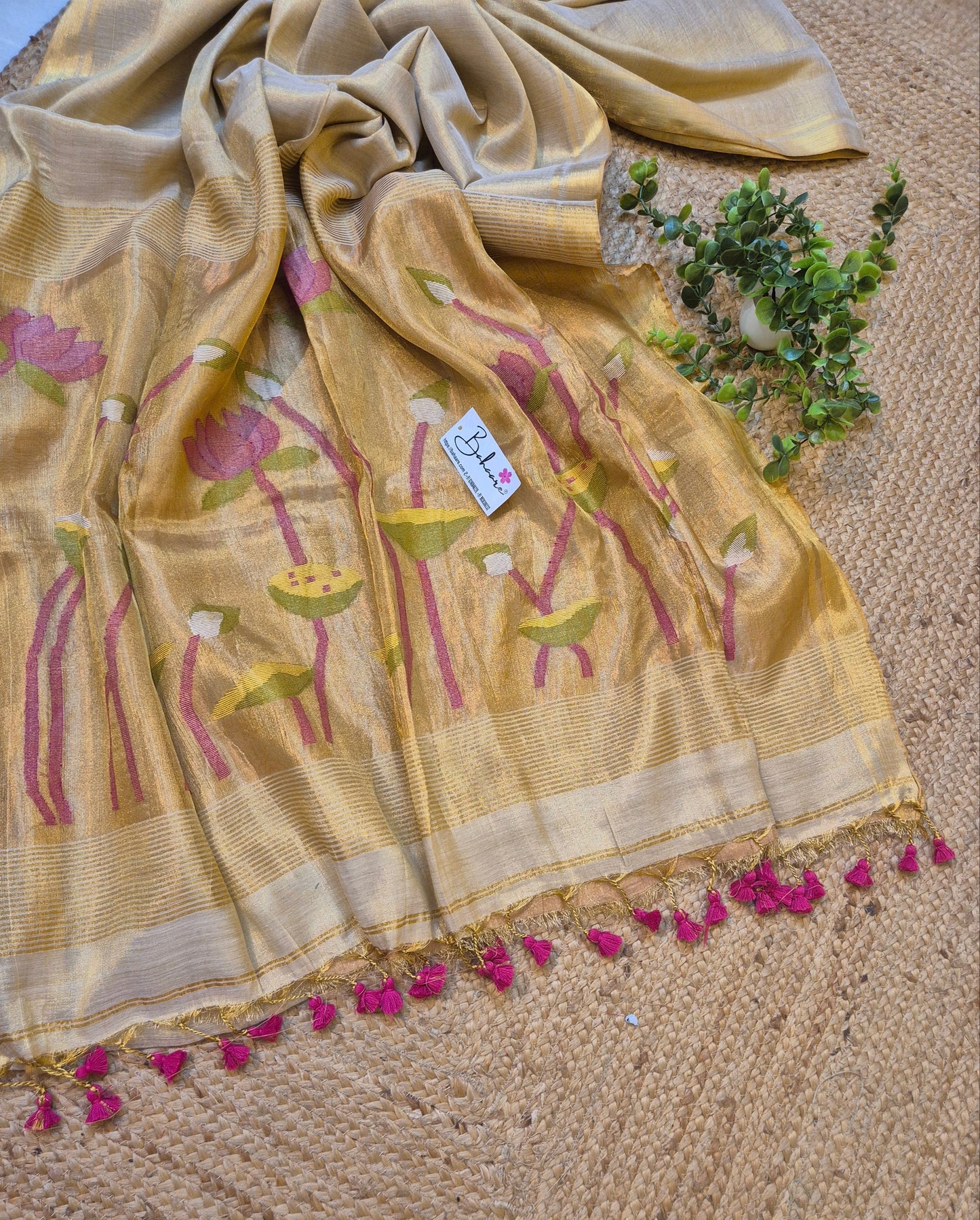 Springtime Serenity | White Gold Tissue Linen Saree