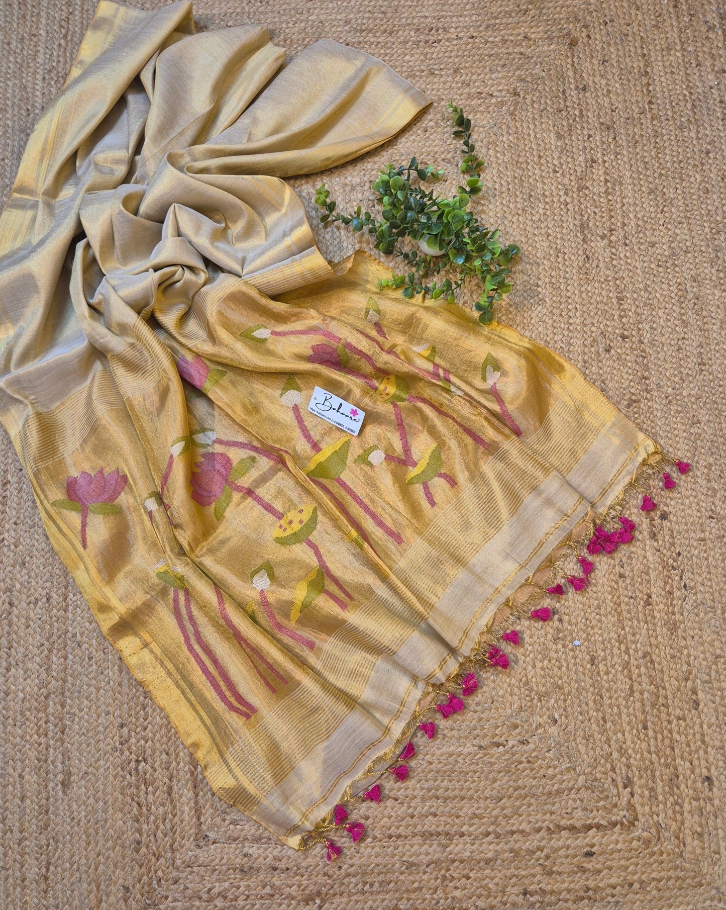 Springtime Serenity | White Gold Tissue Linen Saree