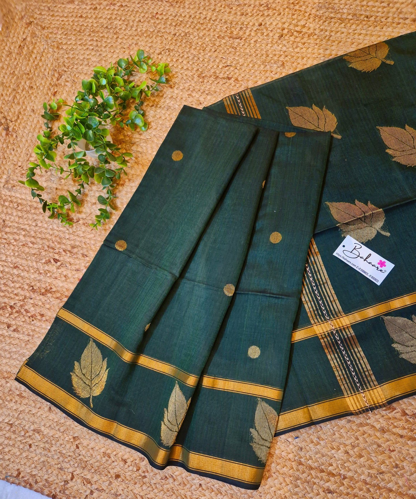 Cotton Galleria | Emerald Green Premium Jamdani Weave Handwoven Pure Silk by Pure Cotton Saree