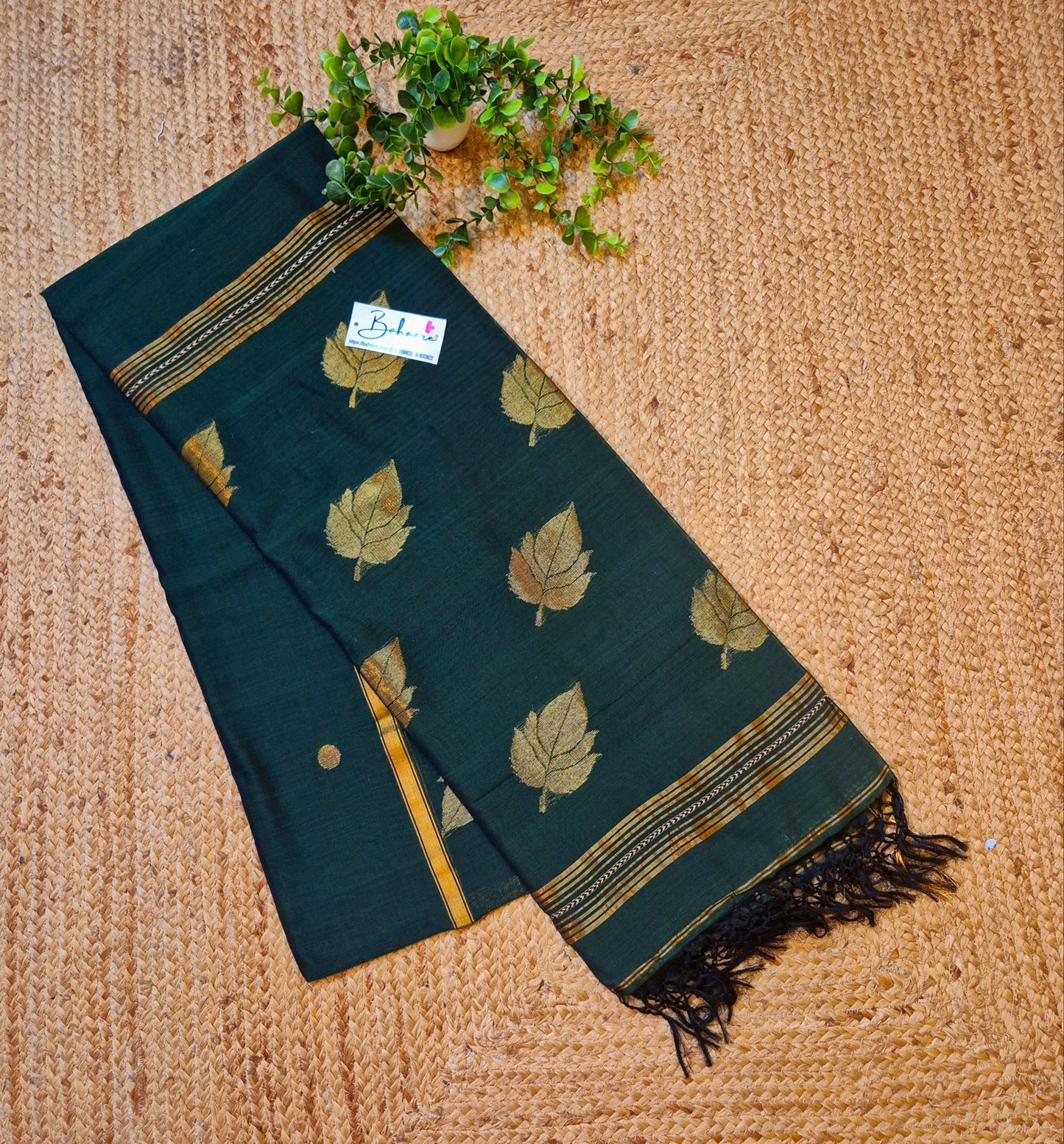 Cotton Galleria | Emerald Green Premium Jamdani Weave Handwoven Pure Silk by Pure Cotton Saree