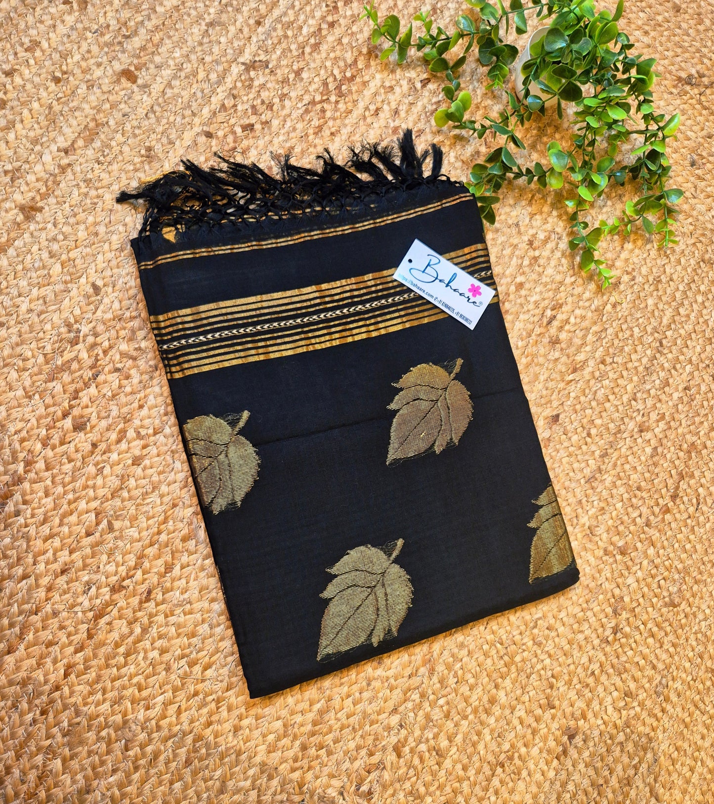 Cotton Galleria | Black Premium Jamdani Weave Handwoven Pure Silk by Pure Cotton Saree