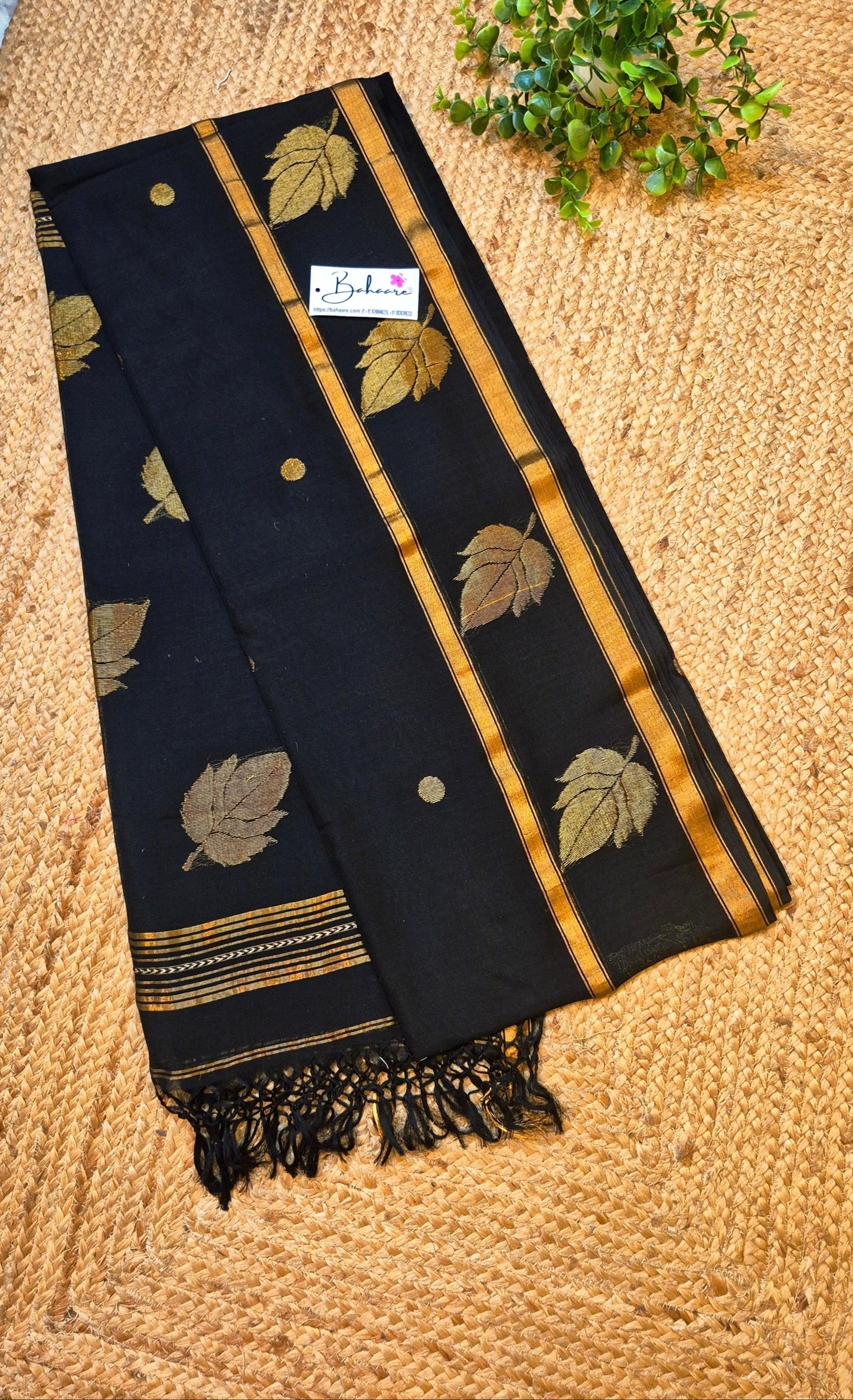 Cotton Galleria | Black Premium Jamdani Weave Handwoven Pure Silk by Pure Cotton Saree
