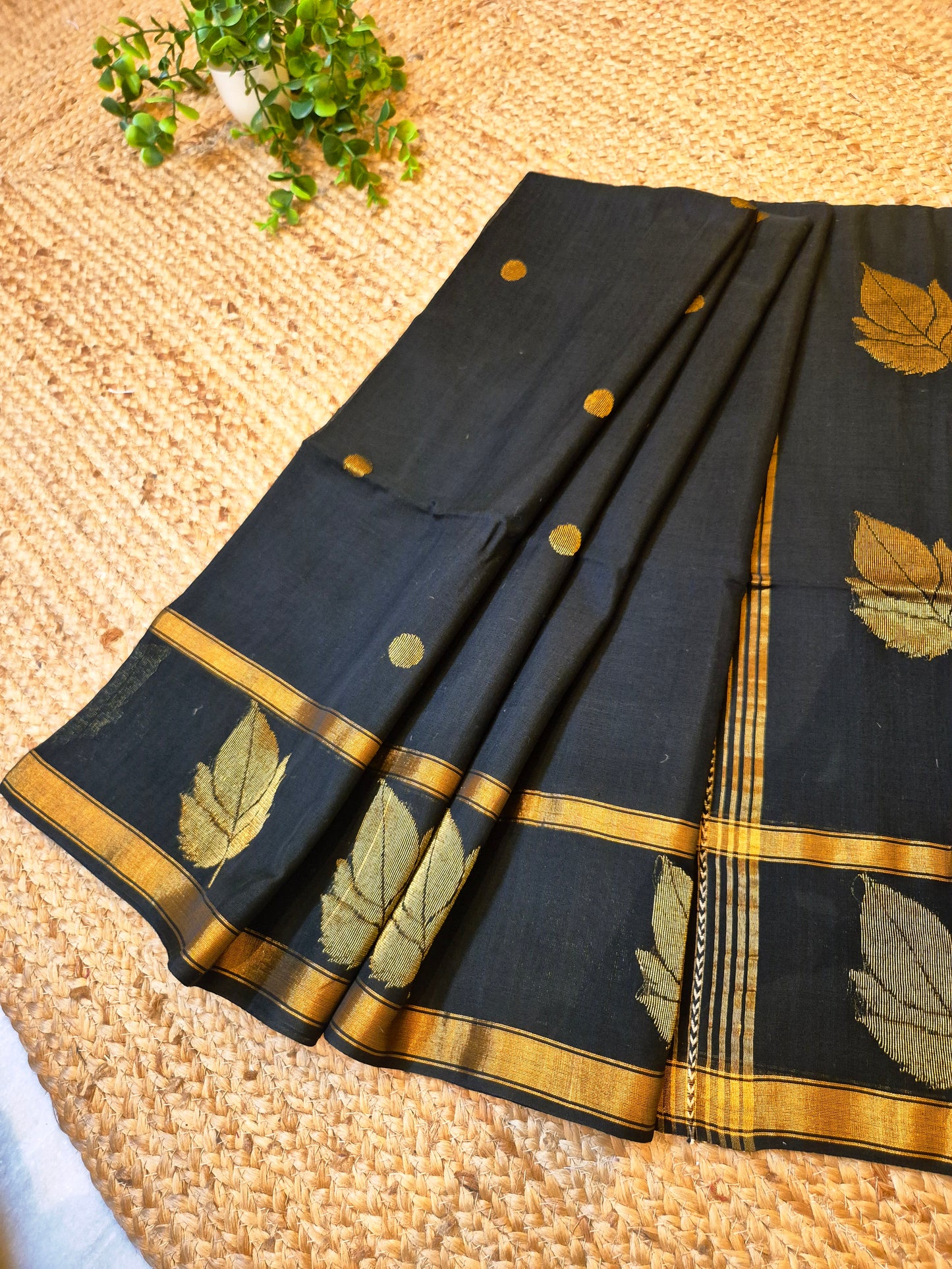 Cotton Galleria | Black Premium Jamdani Weave Handwoven Pure Silk by Pure Cotton Saree