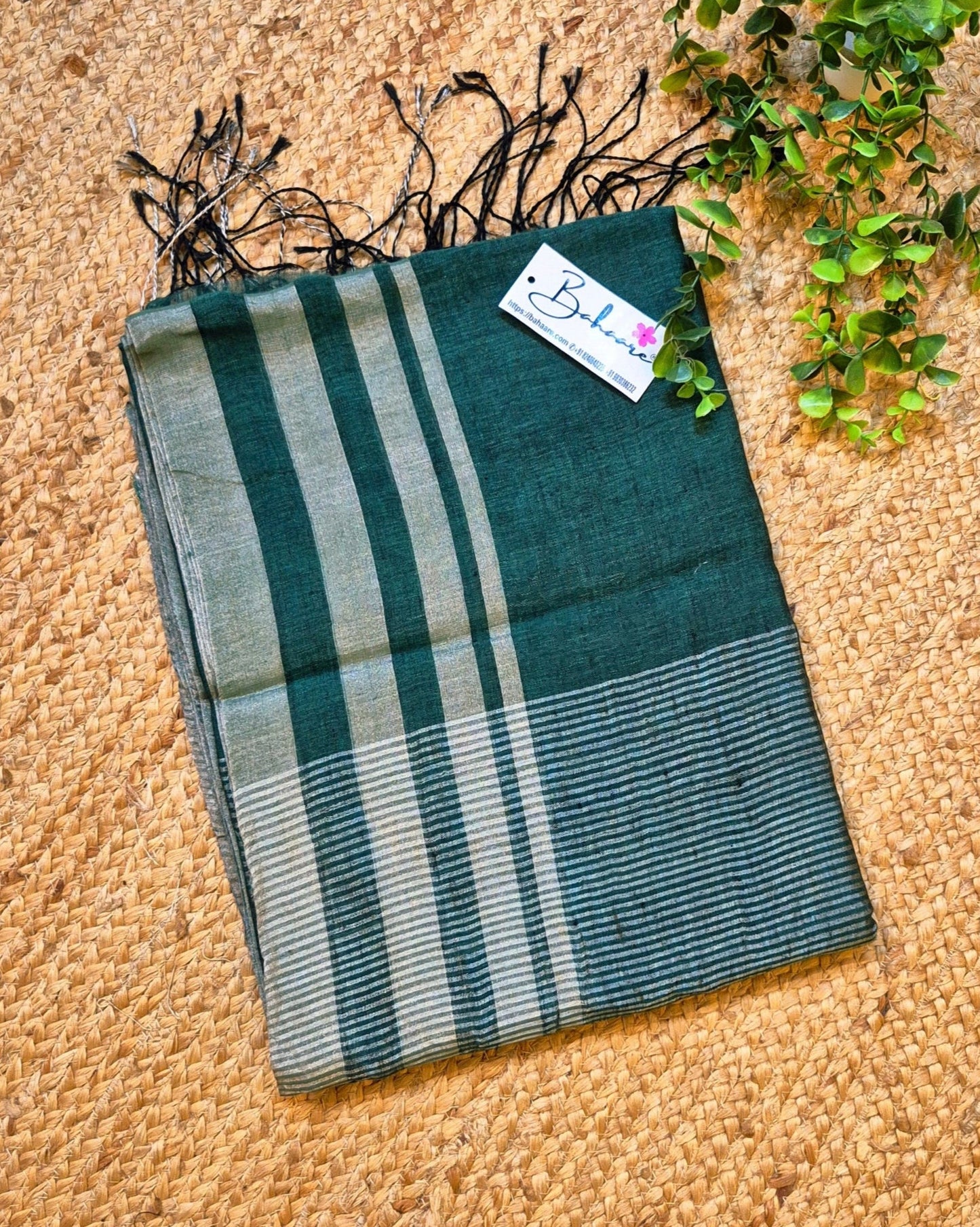 Woodland Whispers | Pine Green Jayshree Linen Saree with Silver Skirt Border
