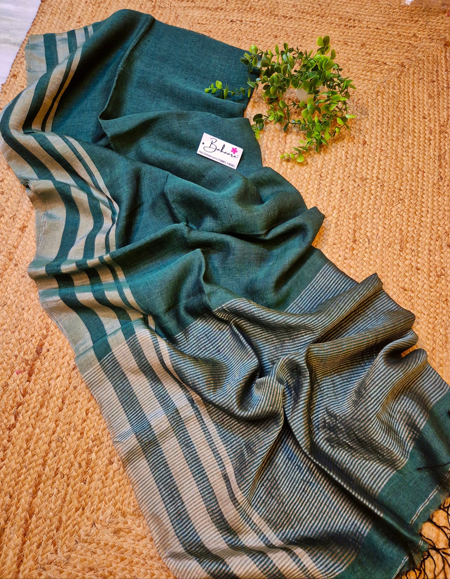 Woodland Whispers | Pine Green Jayshree Linen Saree with Silver Skirt Border