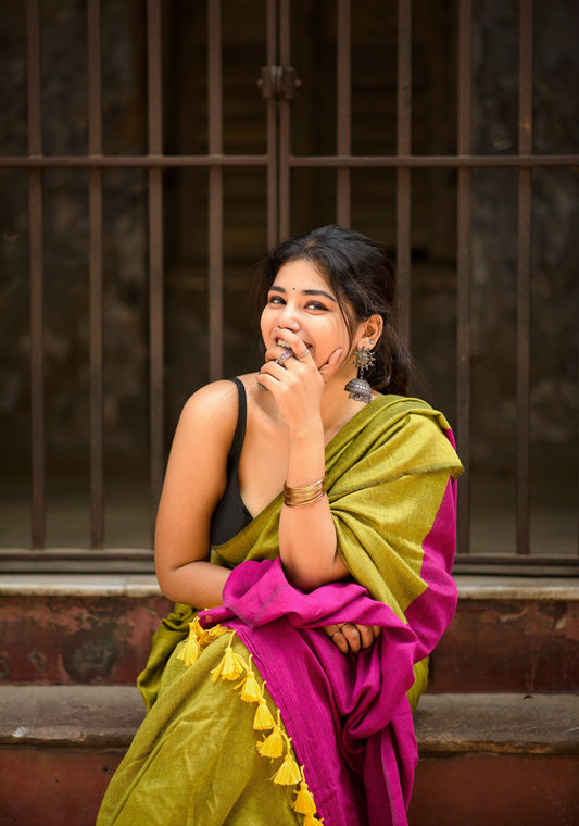 Cotton Galleria | Lemon Yellow Premium Cotton Saree with Rani Pink Pallu