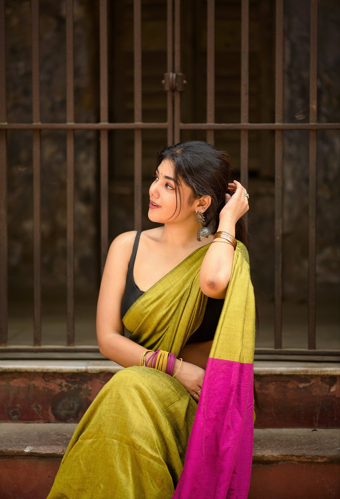 Cotton Galleria | Lemon Yellow Premium Cotton Saree with Rani Pink Pallu