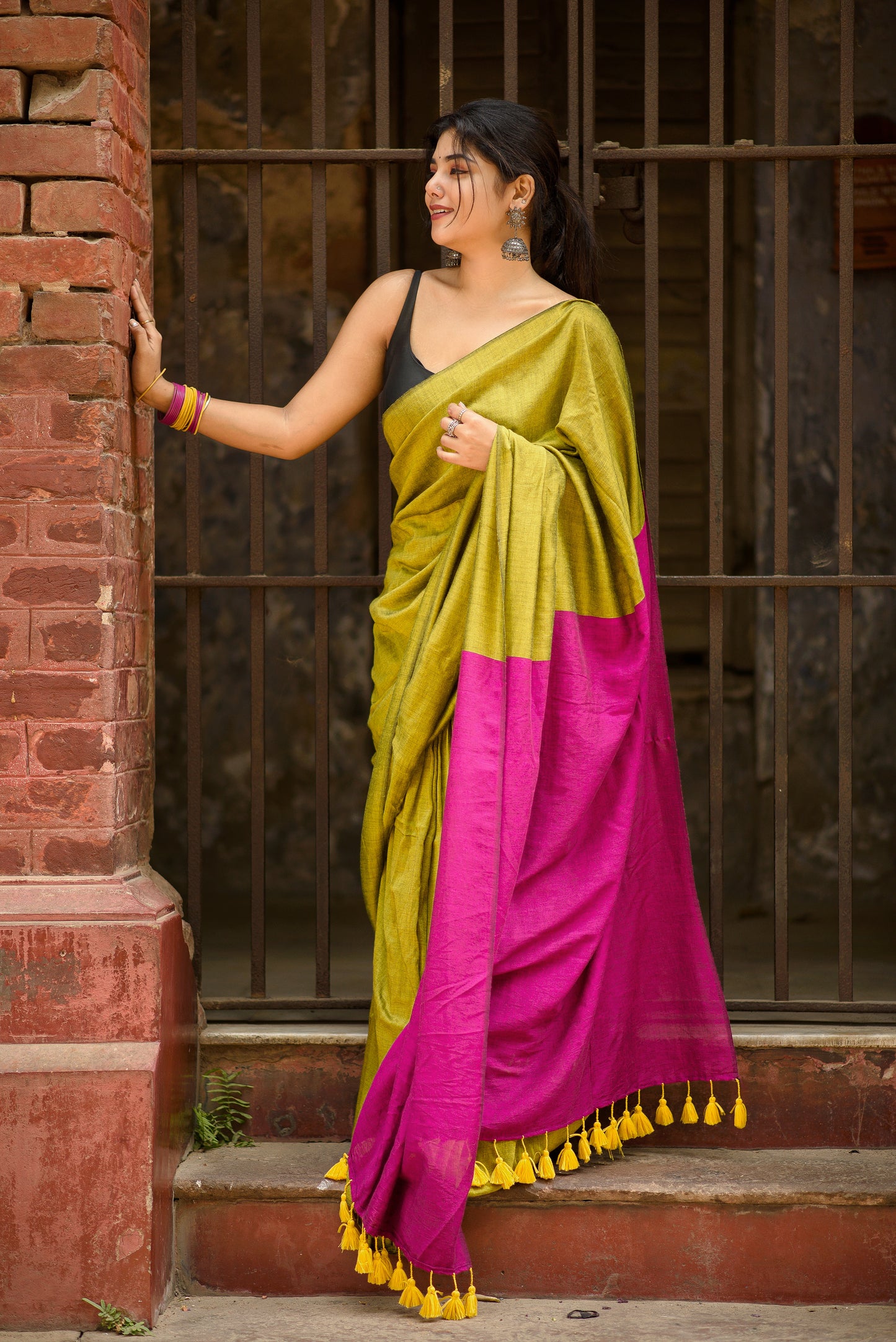 Cotton Galleria | Lemon Yellow Premium Cotton Saree with Rani Pink Pallu