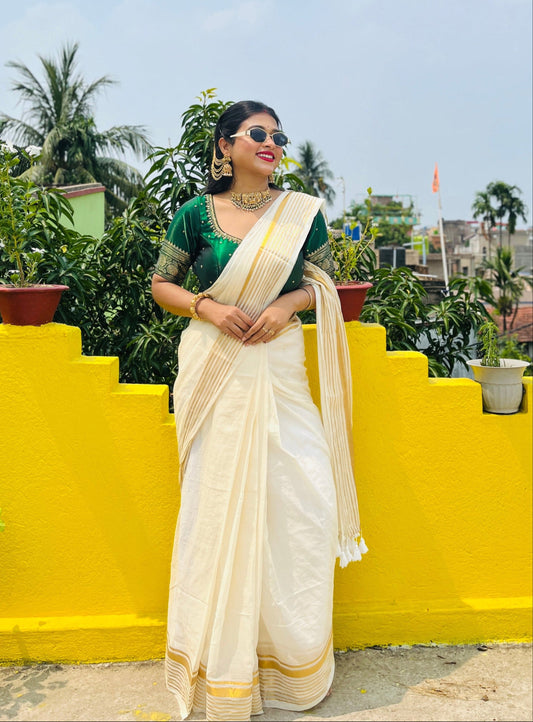 Noor | Off White Mul Mul Cotton Saree with Golden Zari Lines