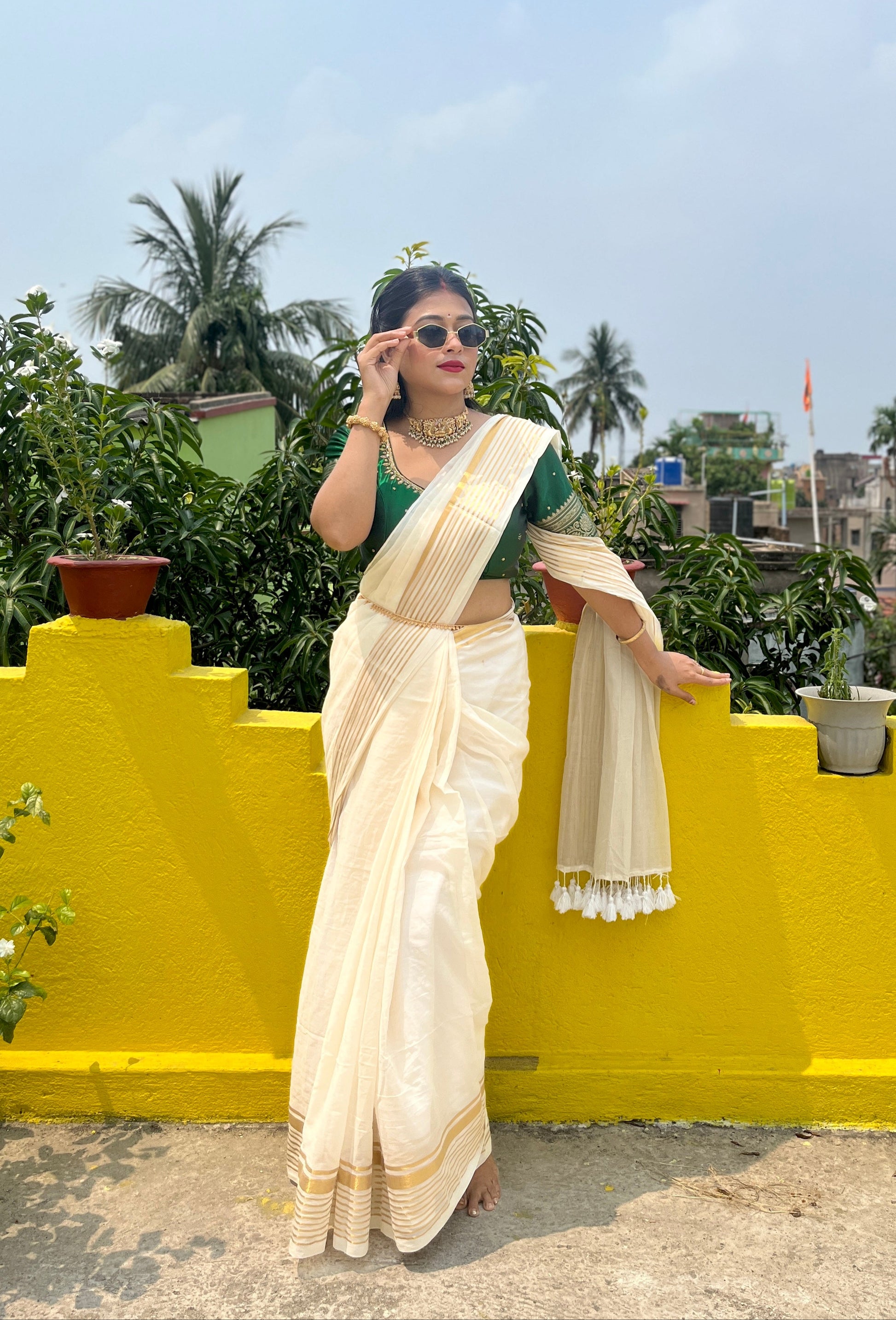 Noor | Off White Mul Mul Cotton Saree with Golden Zari Lines