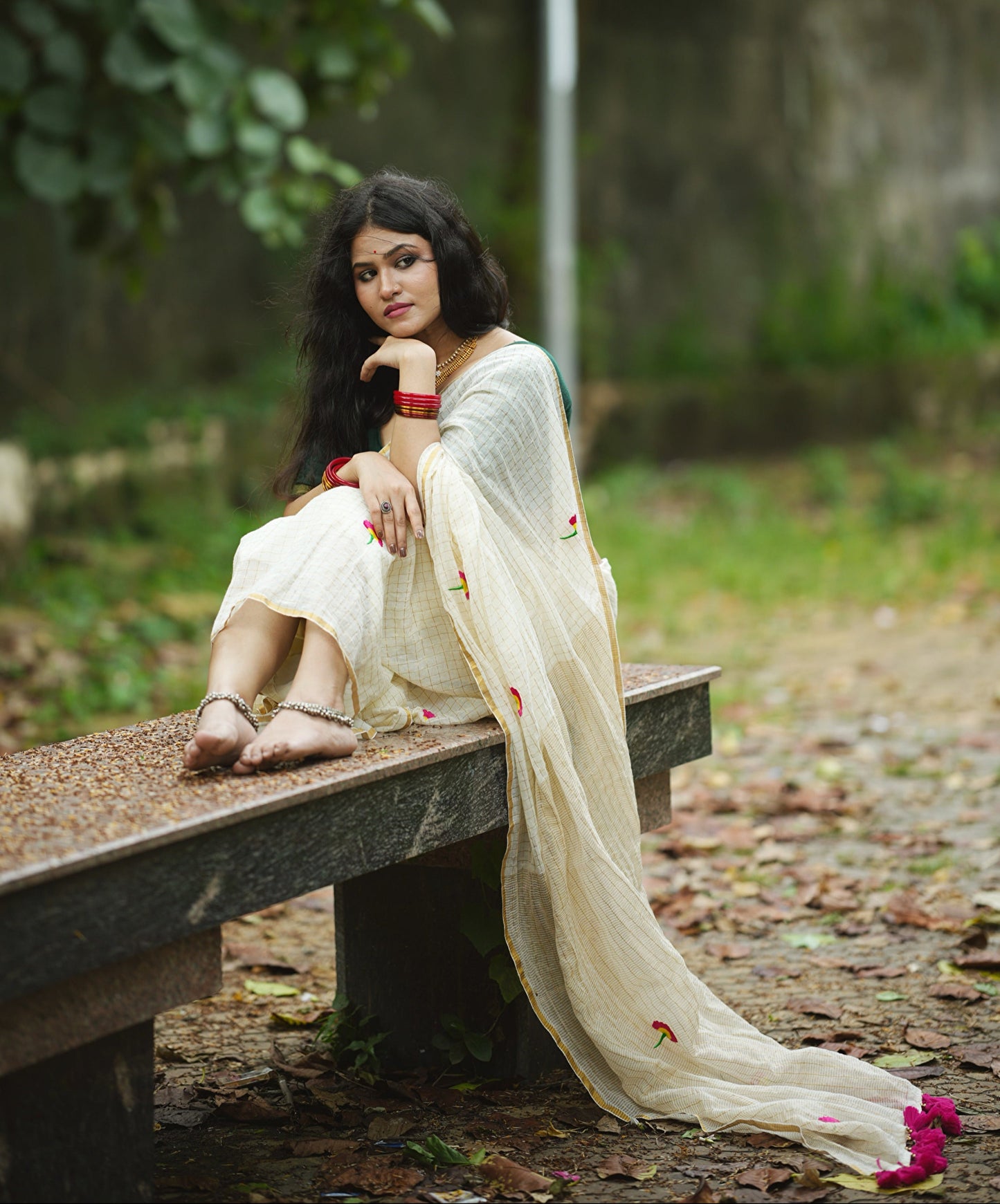 Noor | Off White Gold Mul Mul Cotton Saree with Flower Motif
