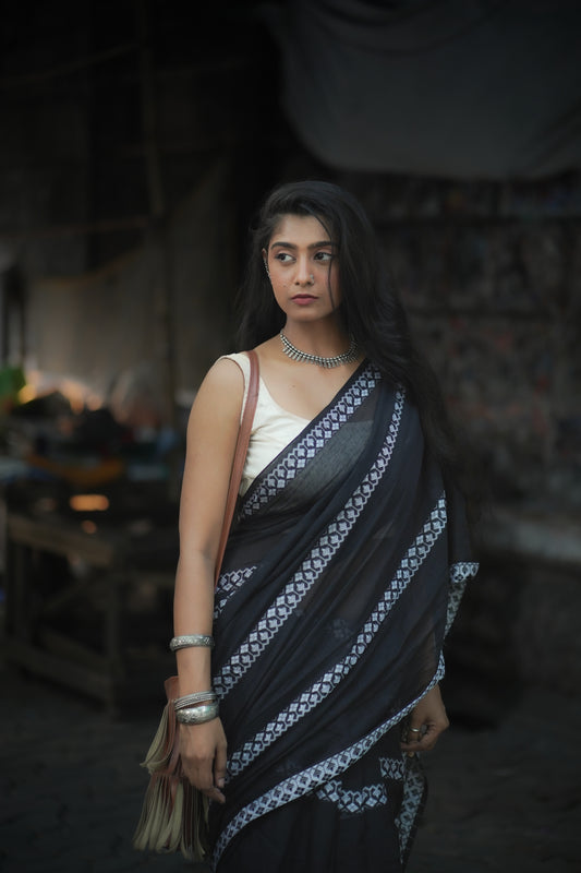 Cotton Galleria | Dark Black Handwoven Premium Cotton Saree