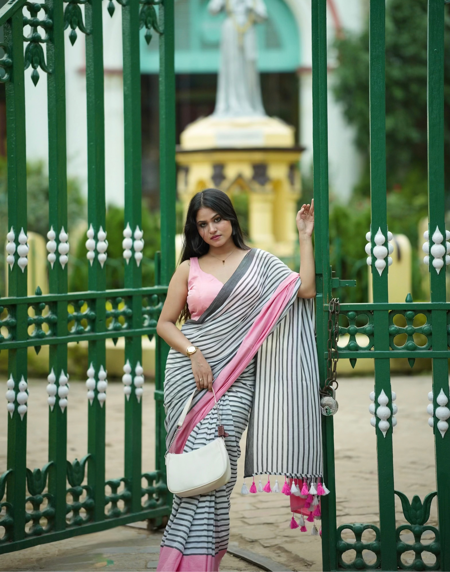 Noor | Black and White Mul Mul Cotton Saree with Pink Border