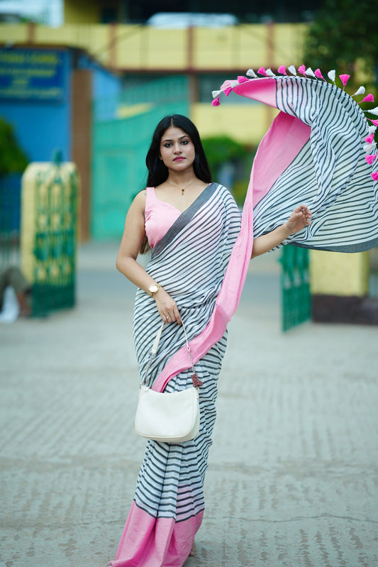 Noor | Black and White Mul Mul Cotton Saree with Pink Border