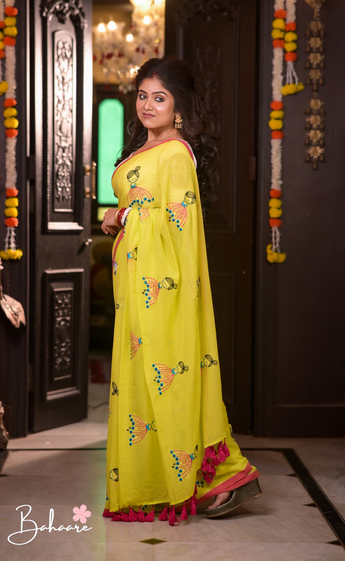 Noor | Neon Mul Mul Cotton Saree with Doll Motif