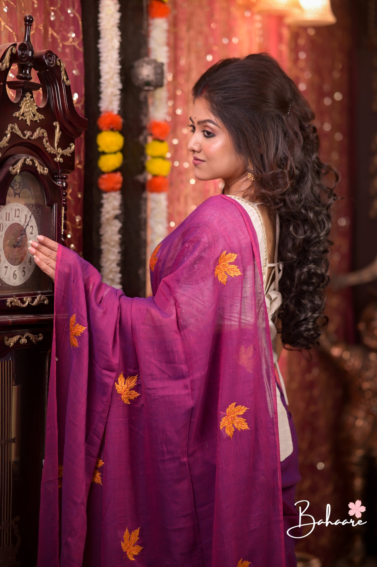 Mohini | Magenta Dual Tone Mul Mul Cotton Saree with Leaf Embroidery
