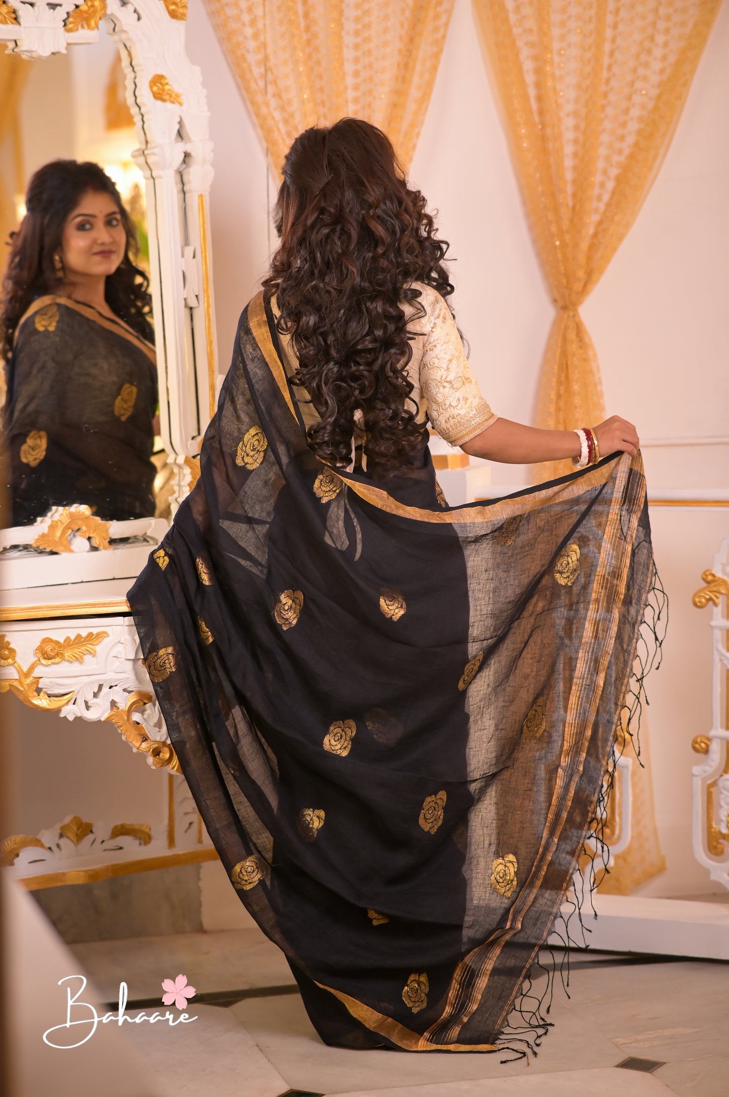 Woodland Whispers | Black Rose Handwoven Pure Linen Jamdani Saree