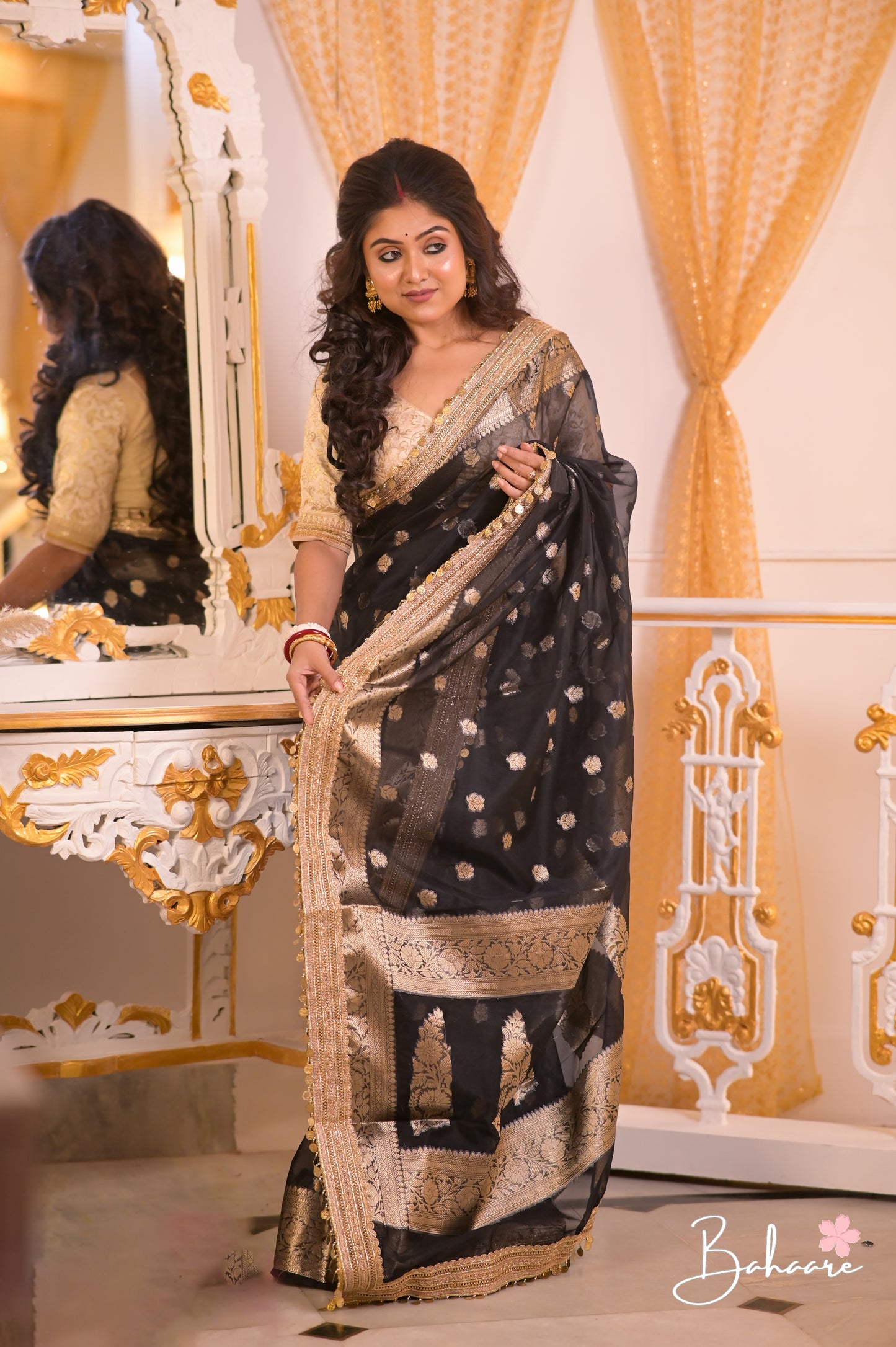 Utsav | Black Benarasi Tissue Silk Saree with Metallic Coin Gota Patti Lace