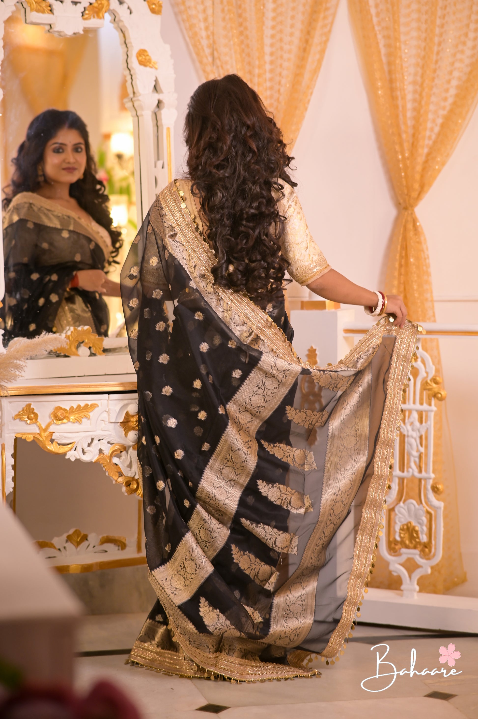 Utsav | Black Benarasi Tissue Silk Saree with Metallic Coin Gota Patti Lace