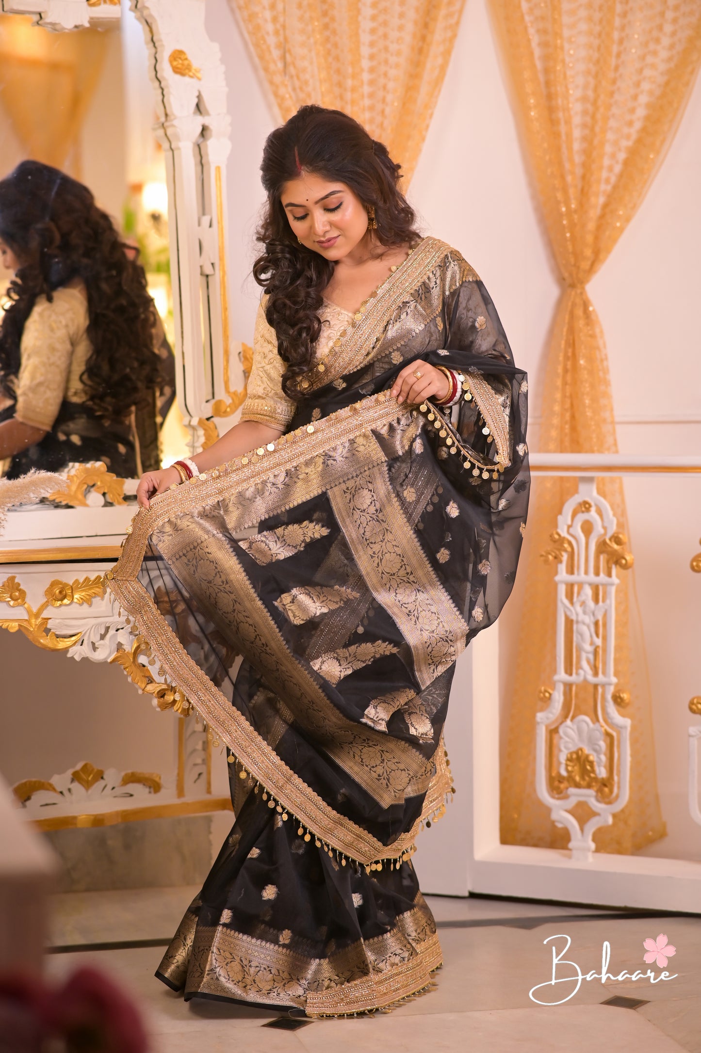 Utsav | Black Benarasi Tissue Silk Saree with Metallic Coin Gota Patti Lace