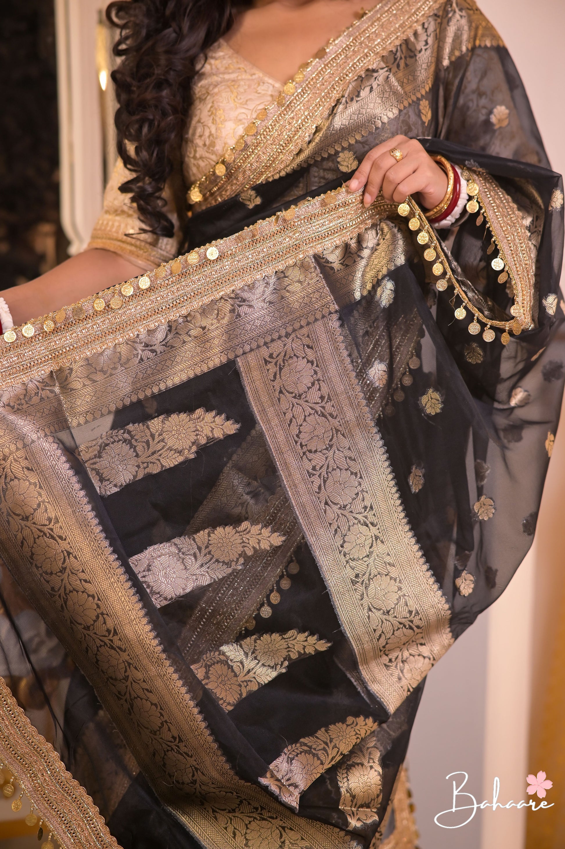 Utsav | Black Benarasi Tissue Silk Saree with Metallic Coin Gota Patti Lace