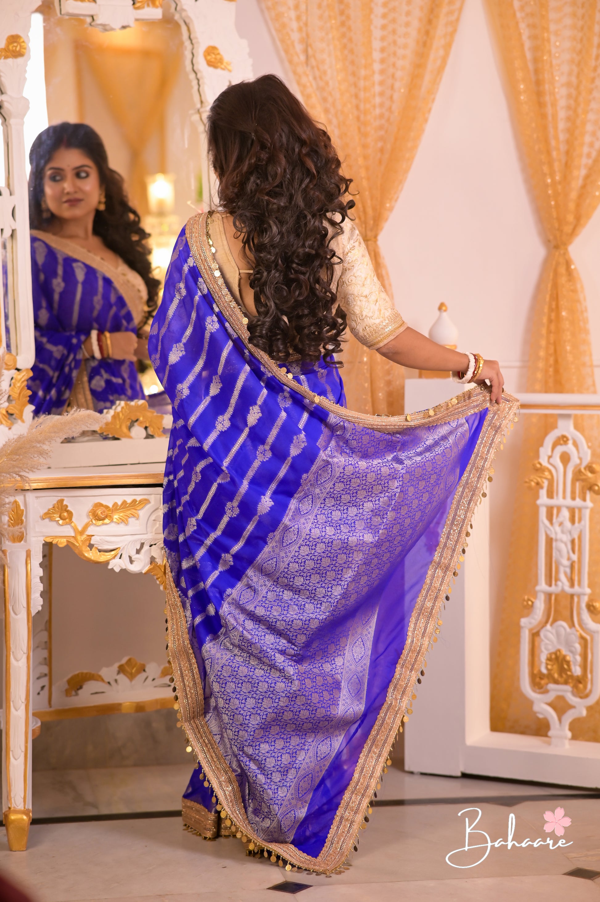 Utsav | Cobalt Blue Benarasi Tissue Silk Saree with Metallic Coin Gota Patti Lace