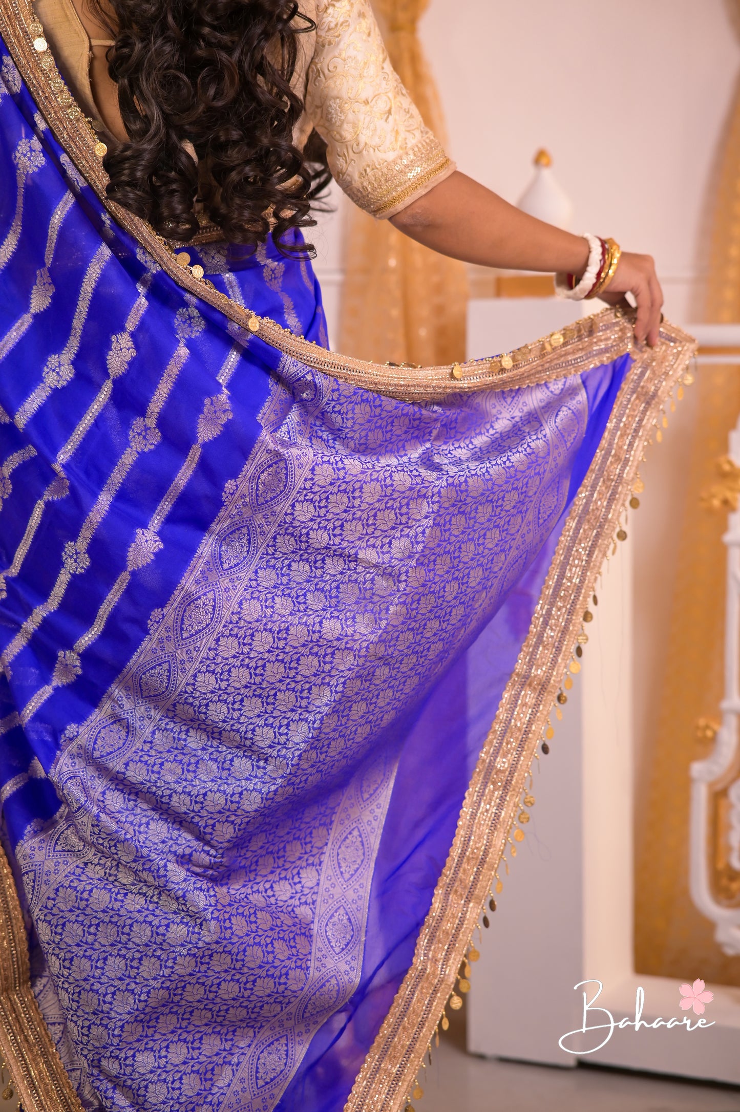 Utsav | Cobalt Blue Benarasi Tissue Silk Saree with Metallic Coin Gota Patti Lace