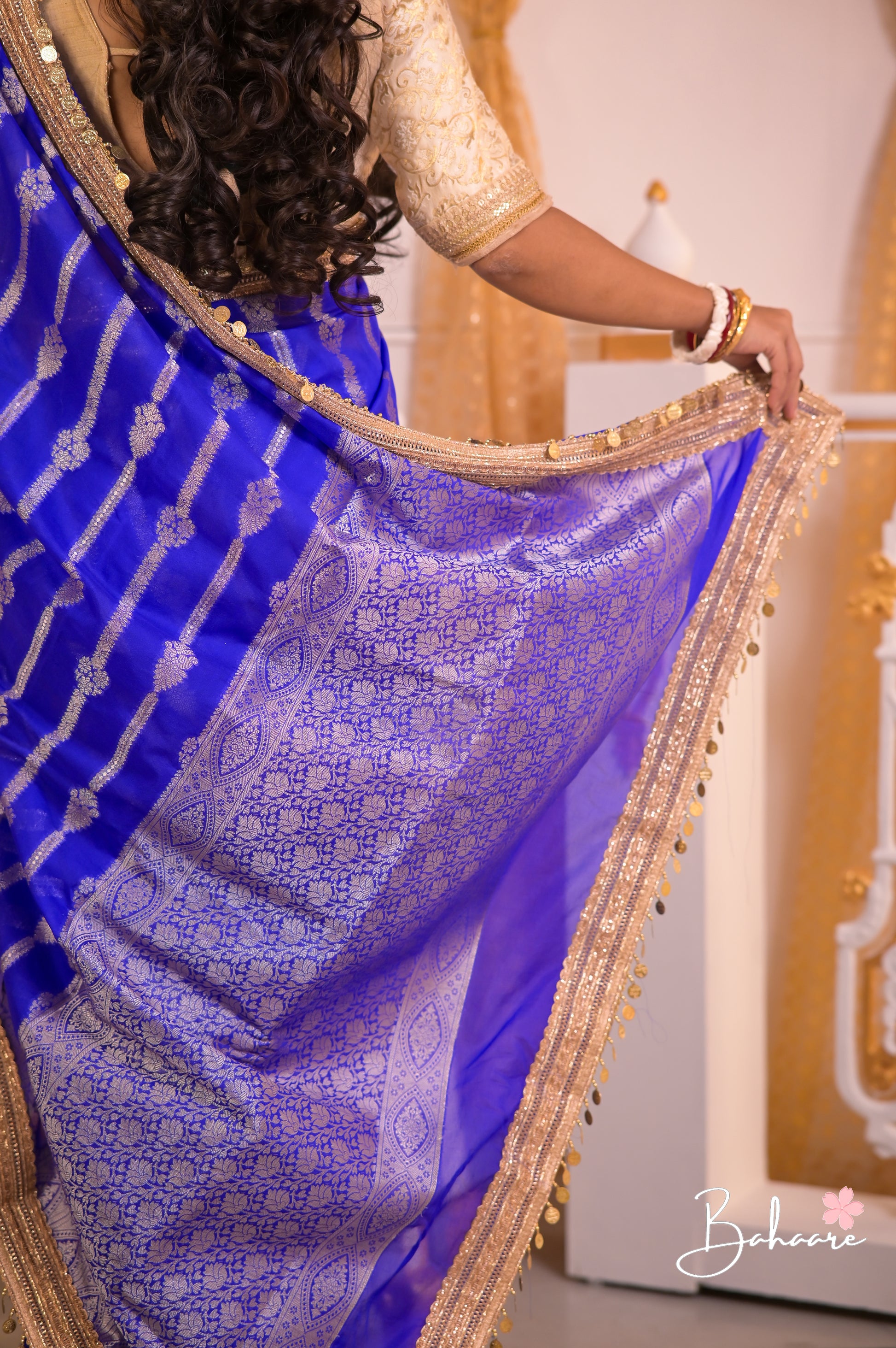 Utsav | Cobalt Blue Benarasi Tissue Silk Saree with Metallic Coin Gota Patti Lace