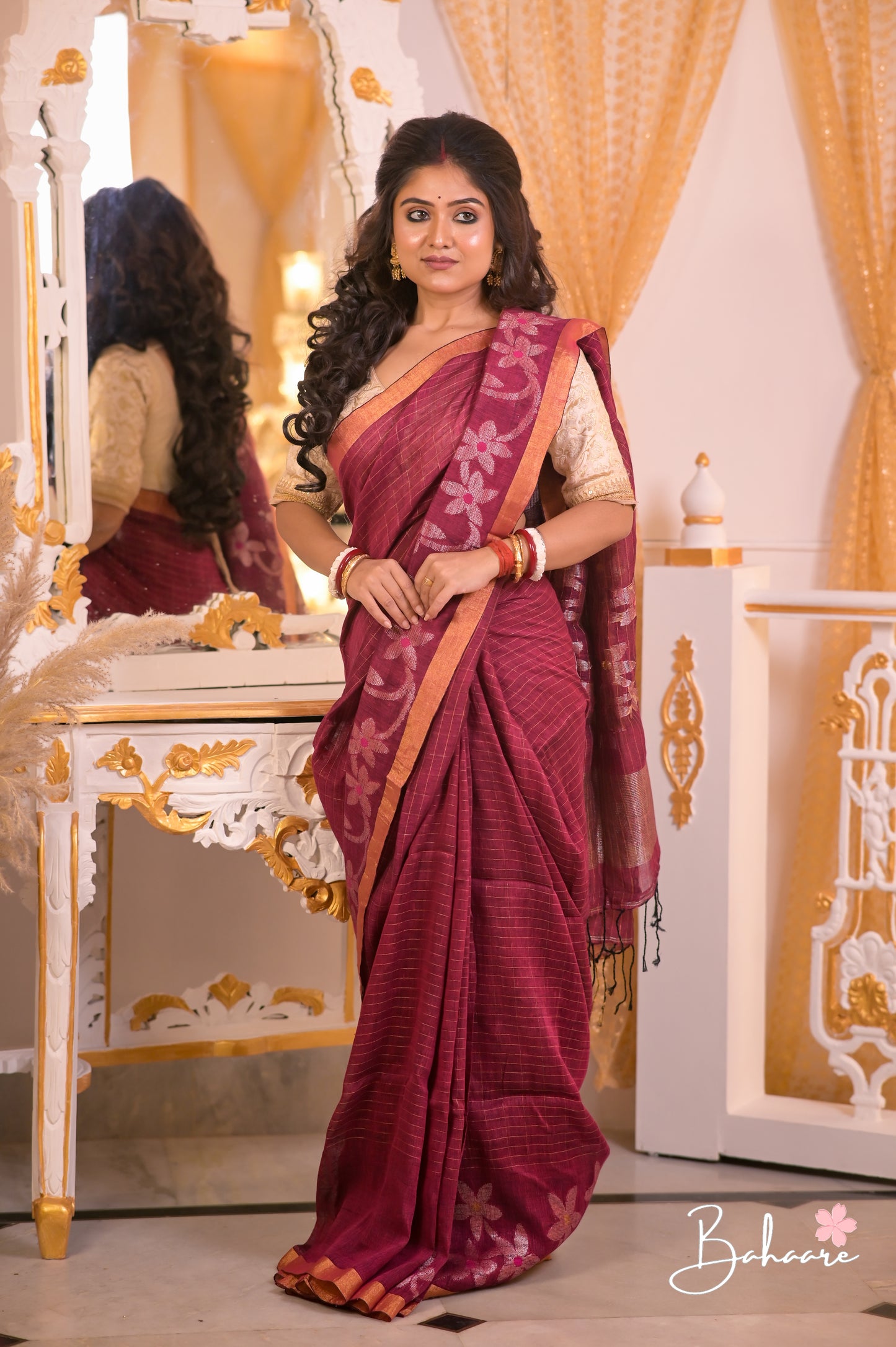 Woodland Whispers | Magenta Pure Premium Linen Saree