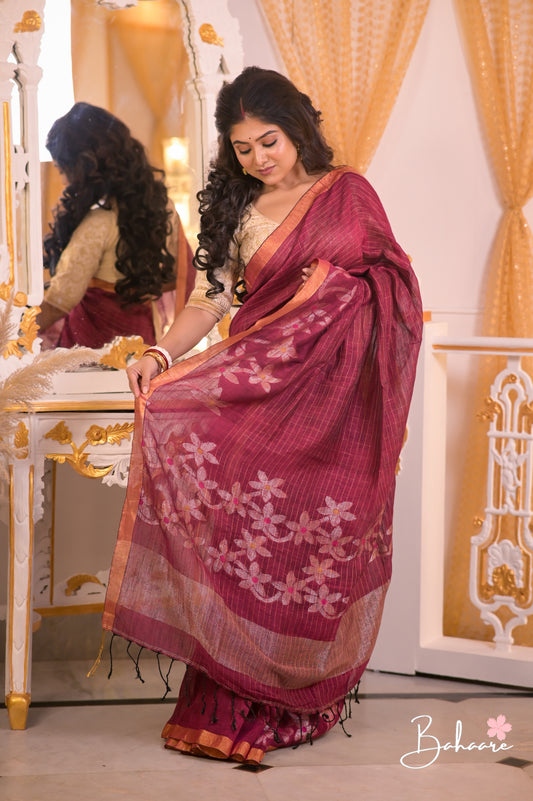 Woodland Whispers | Magenta Pure Premium Linen Saree