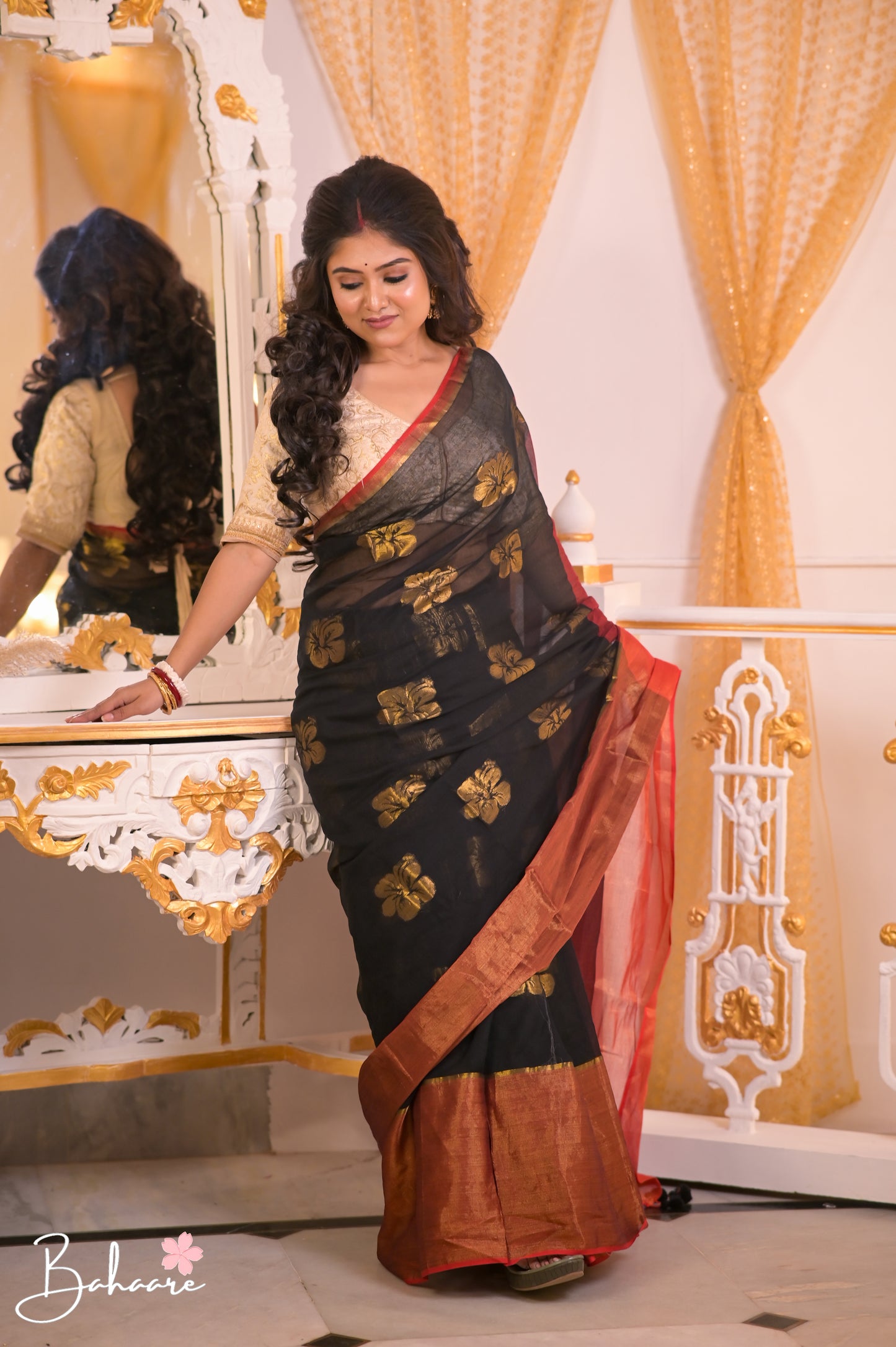 Noor | Dark Black Mul Mul Cotton Saree with Maroon Pallu
