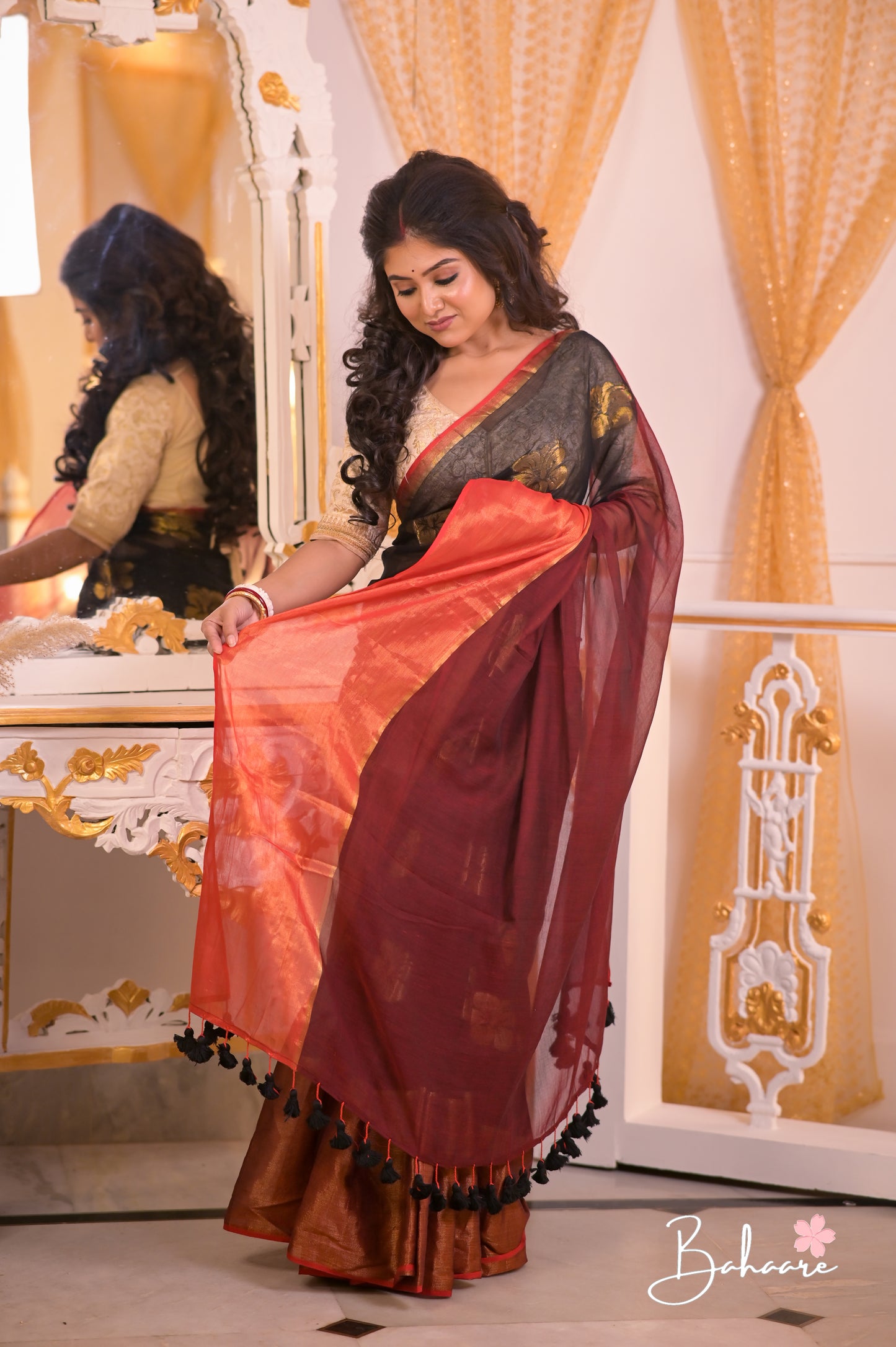 Noor | Dark Black Mul Mul Cotton Saree with Maroon Pallu