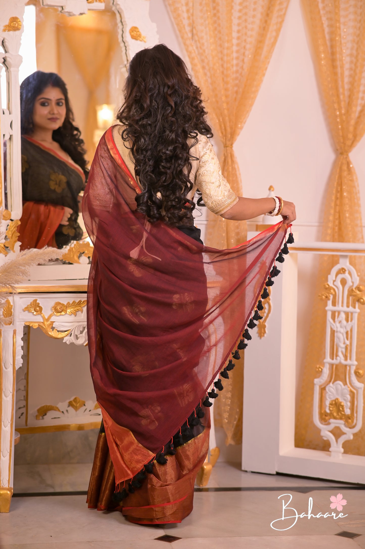 Noor | Dark Black Mul Mul Cotton Saree with Maroon Pallu