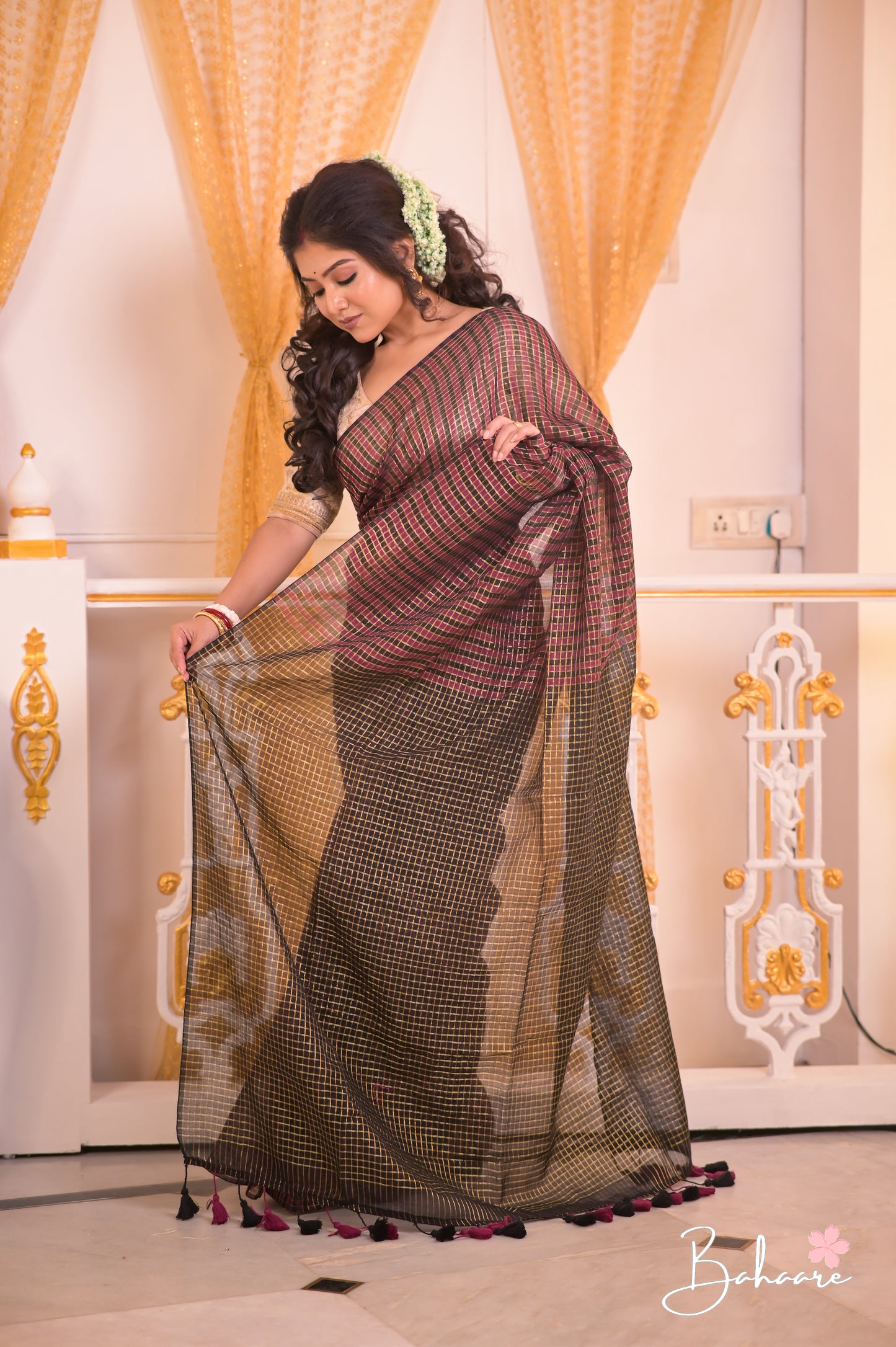 Noor | Magenta Black Mul Mul Cotton Saree with Check Zari Stripe
