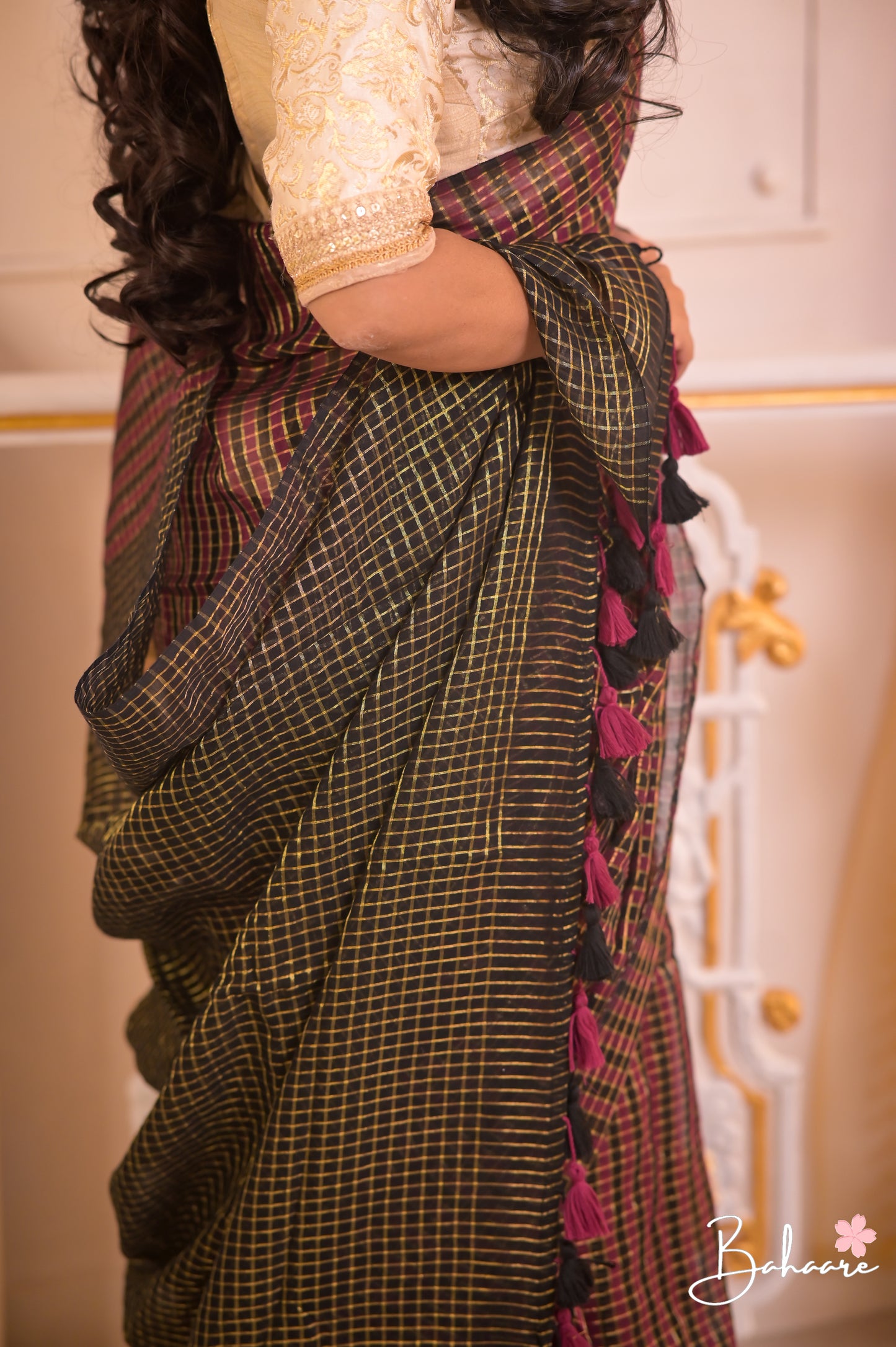 Noor | Magenta Black Mul Mul Cotton Saree with Check Zari Stripe