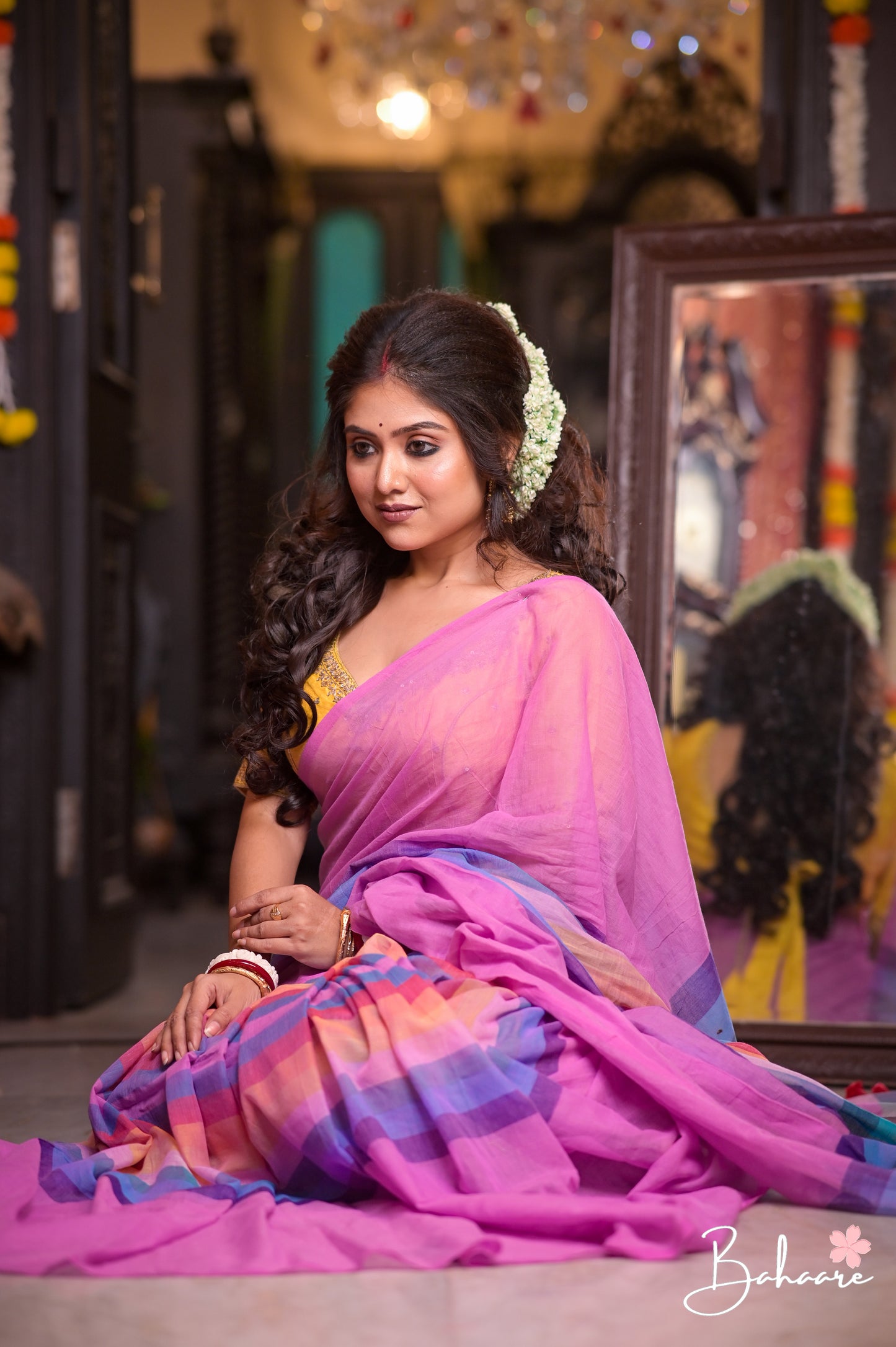 Noor | Lavender Check Mul Mul Cotton Saree