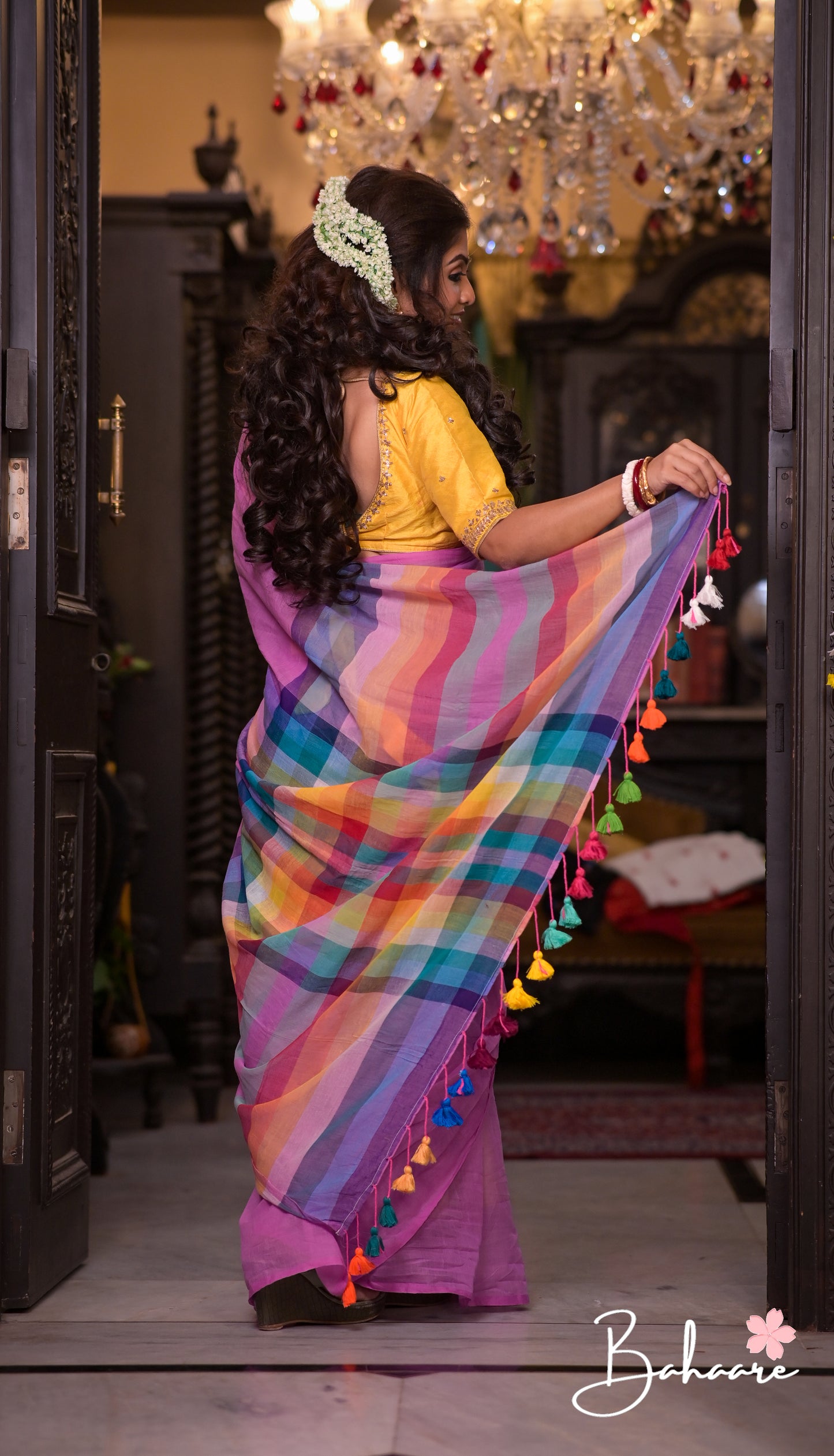 Noor | Lavender Check Mul Mul Cotton Saree