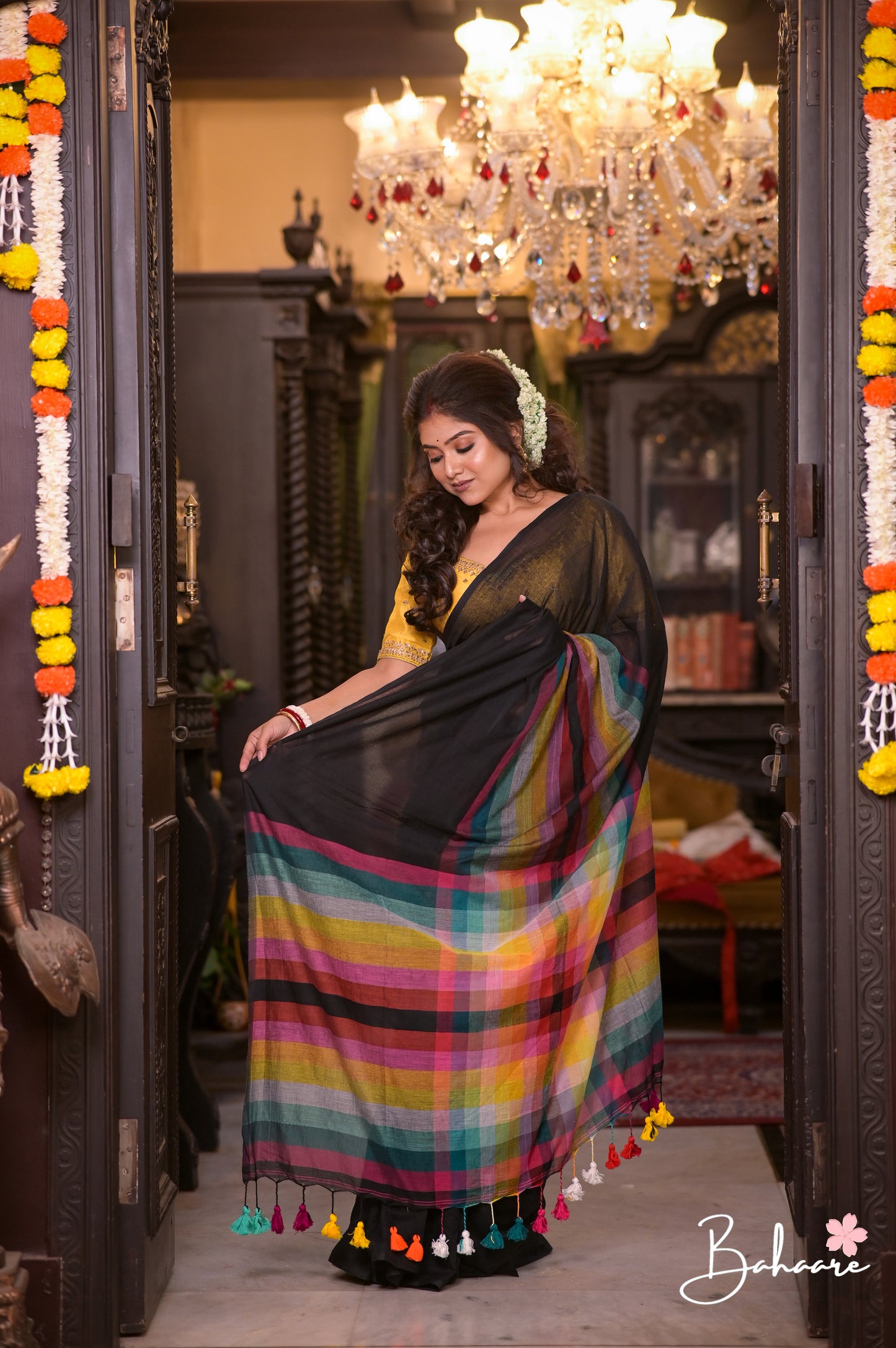 Noor | Ink Black Check Mul Mul Cotton Saree