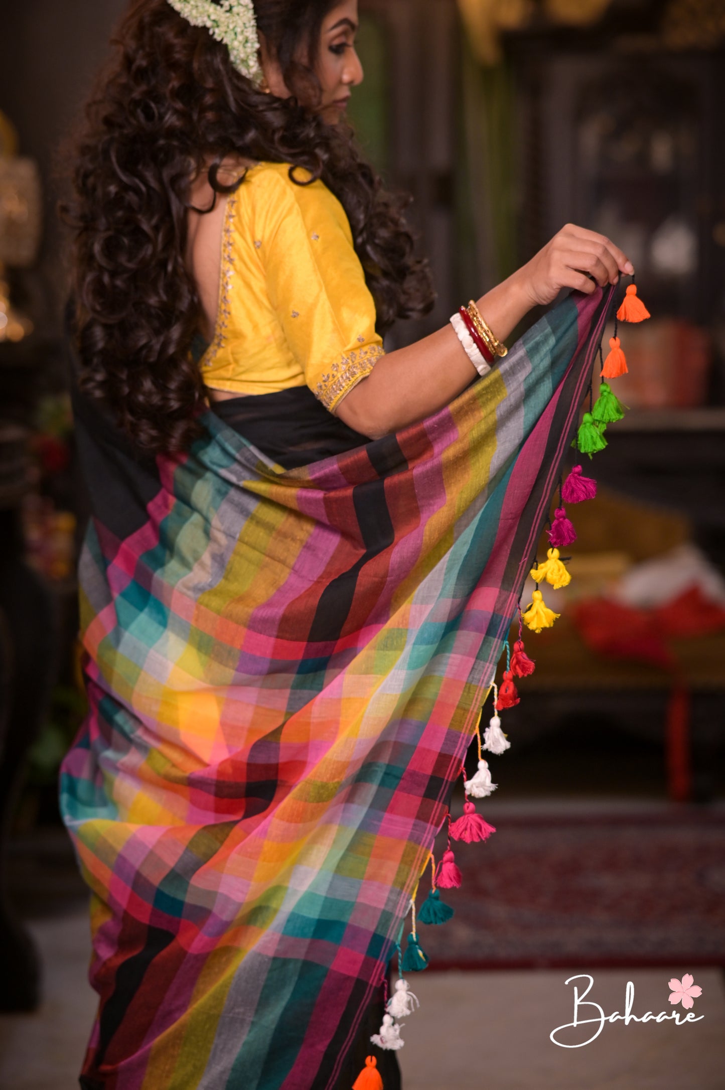 Noor | Ink Black Check Mul Mul Cotton Saree