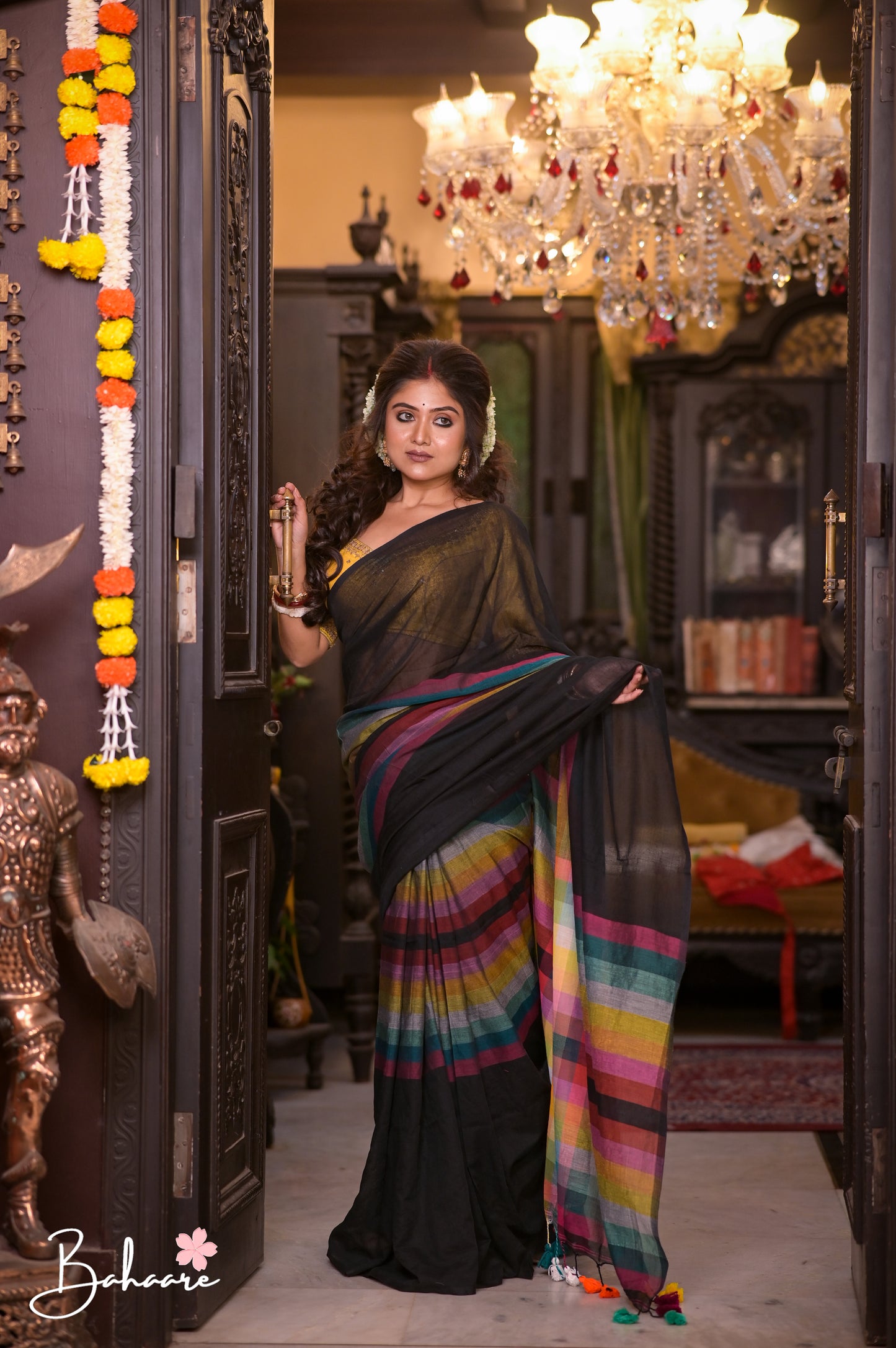 Noor | Ink Black Check Mul Mul Cotton Saree
