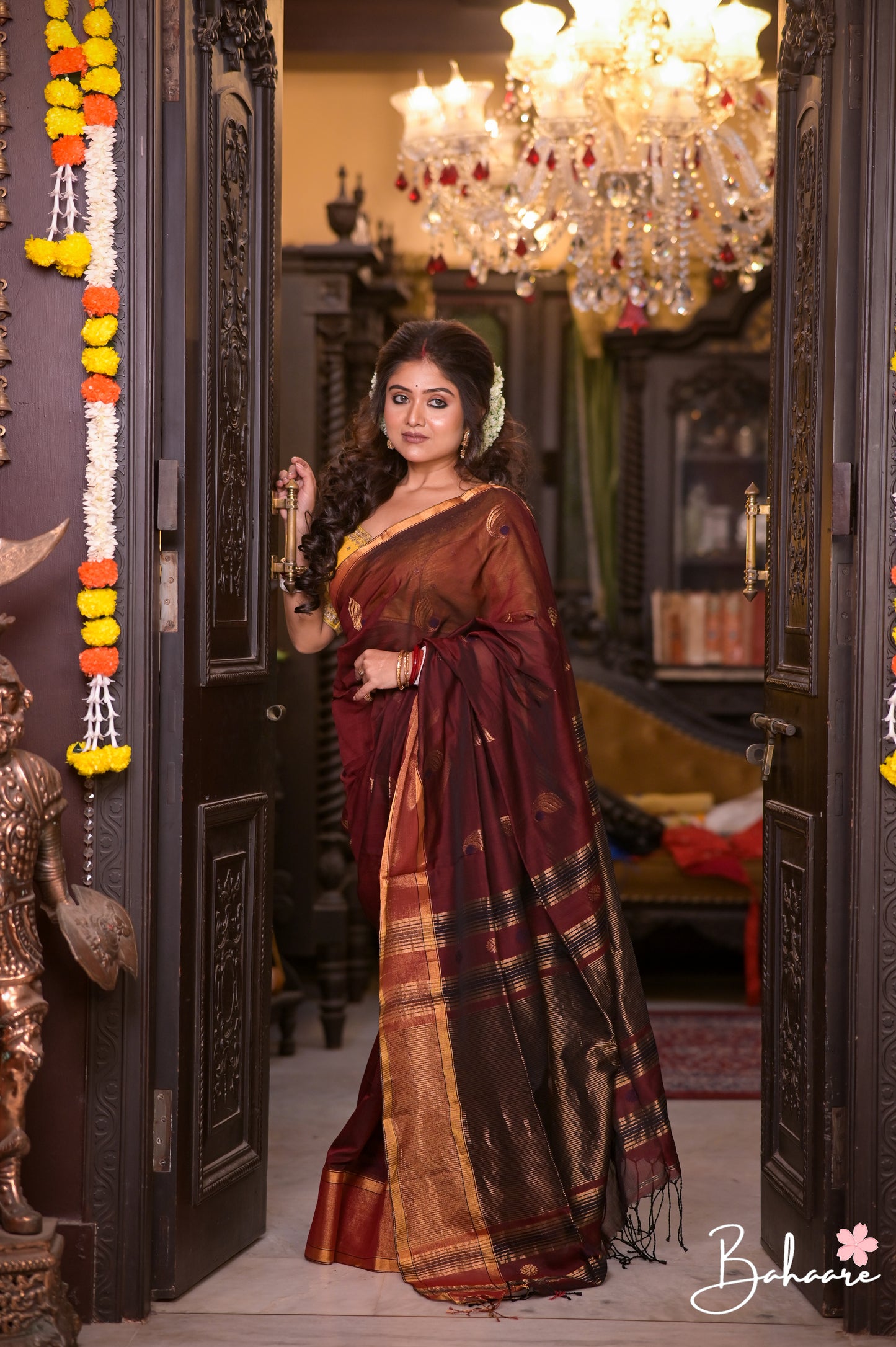 Cotton Galleria | Dark Maroon Premium Jamdani Weave Handwoven Pure Silk by Pure Cotton Saree